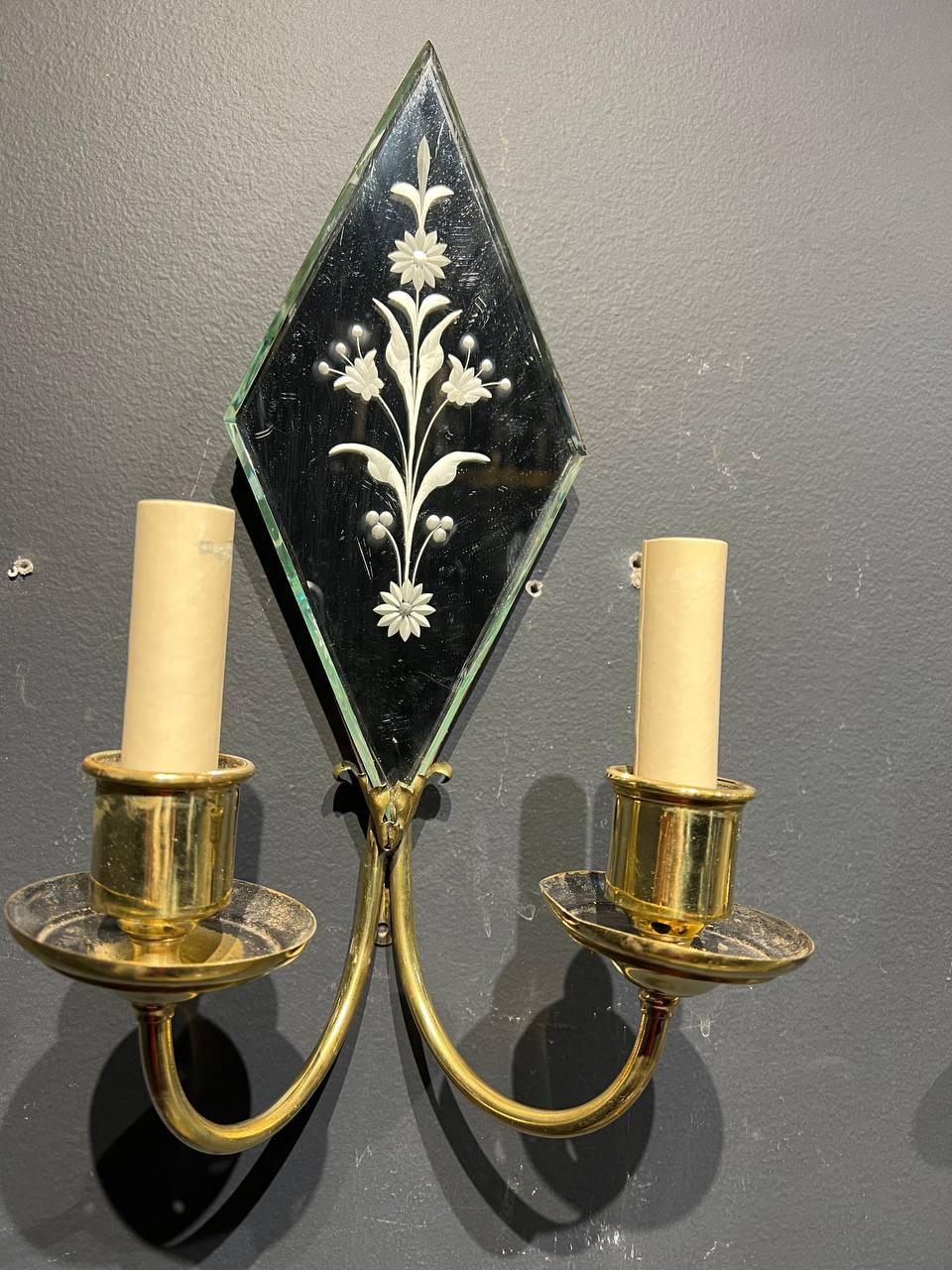 American Classical 1920's Caldwell Mirror With Etched Flowers Sconces For Sale