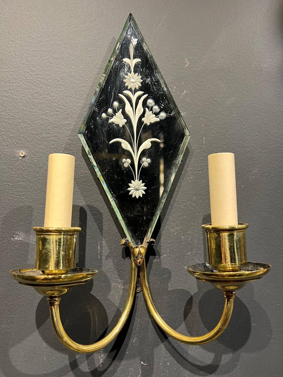 American 1920's Caldwell Mirror With Etched Flowers Sconces For Sale