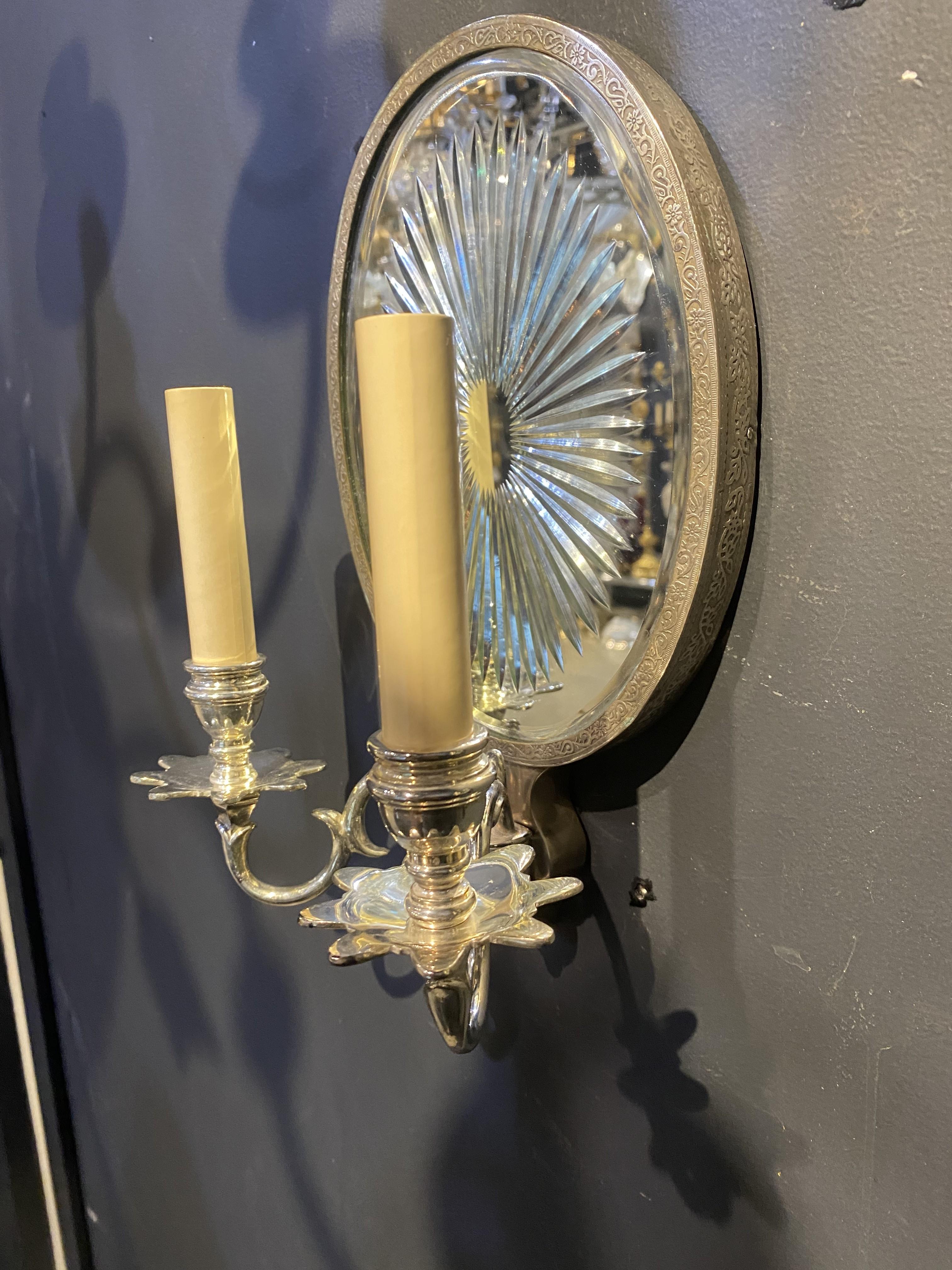 American 1920’s Caldwell Silver Plated Bronze and Mirror Sconces For Sale