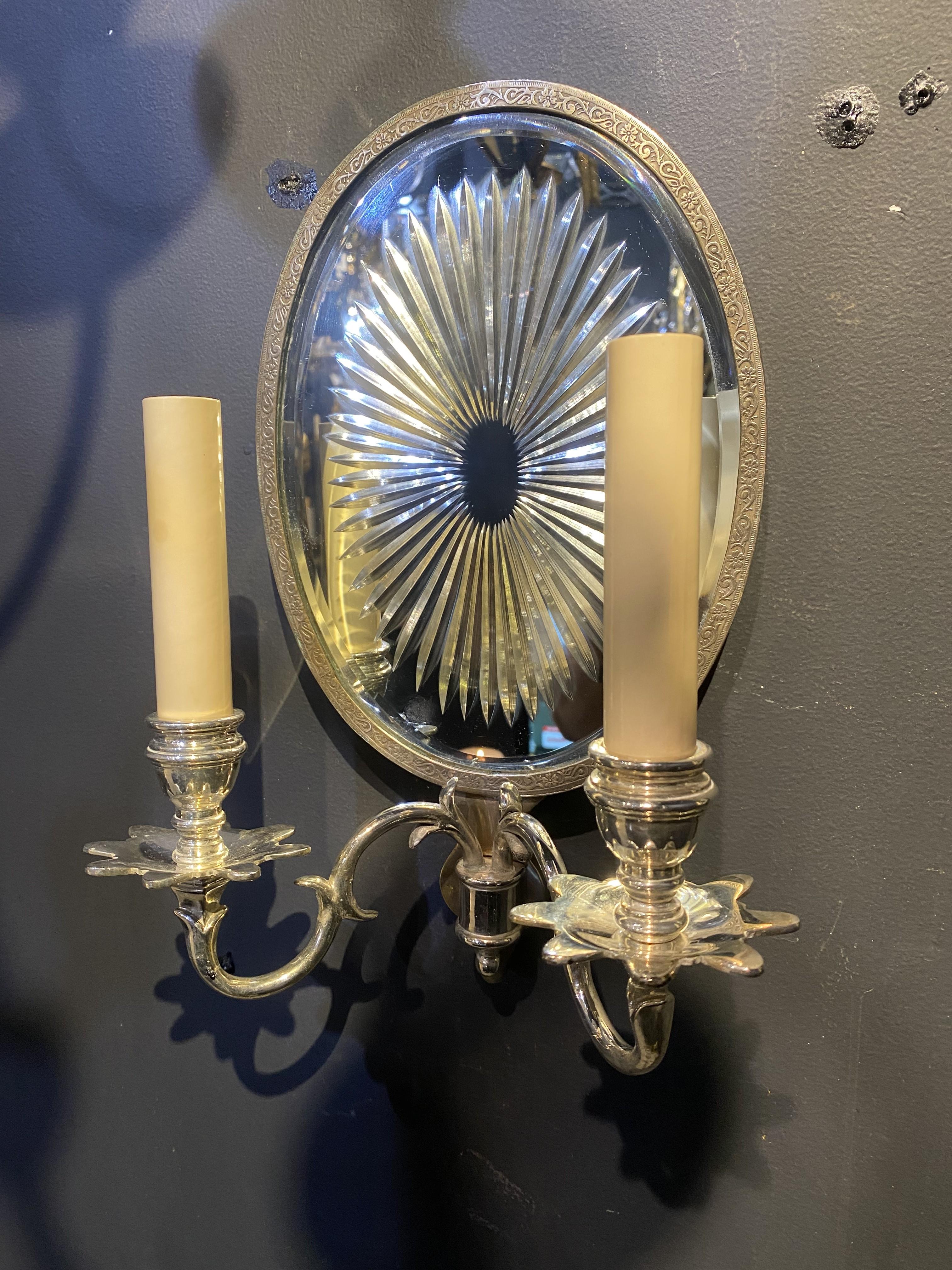 Etched 1920’s Caldwell Silver Plated Bronze and Mirror Sconces For Sale
