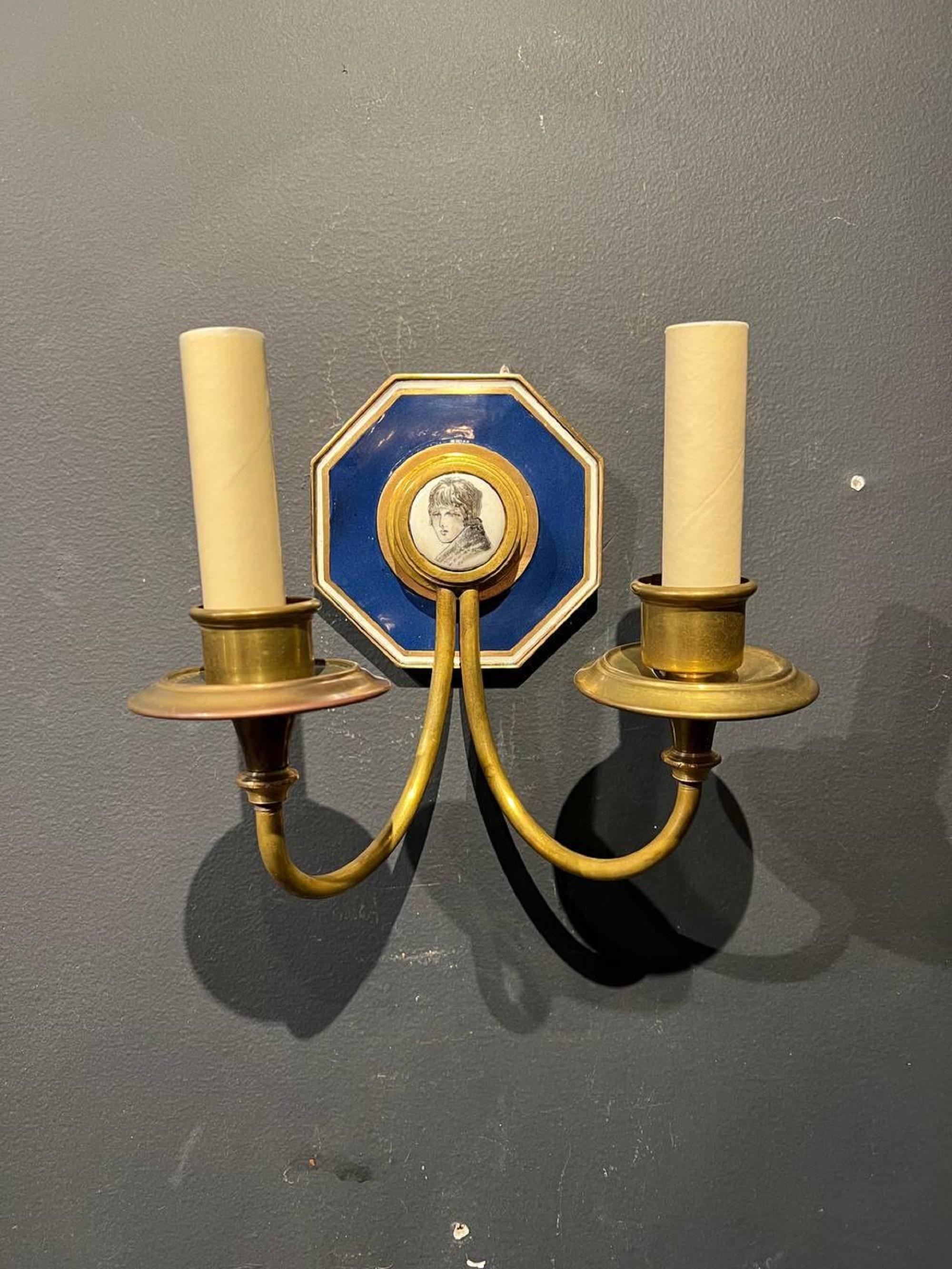 1920's Caldwell Porcelain Backplate Blue Sconces In Good Condition For Sale In New York, NY
