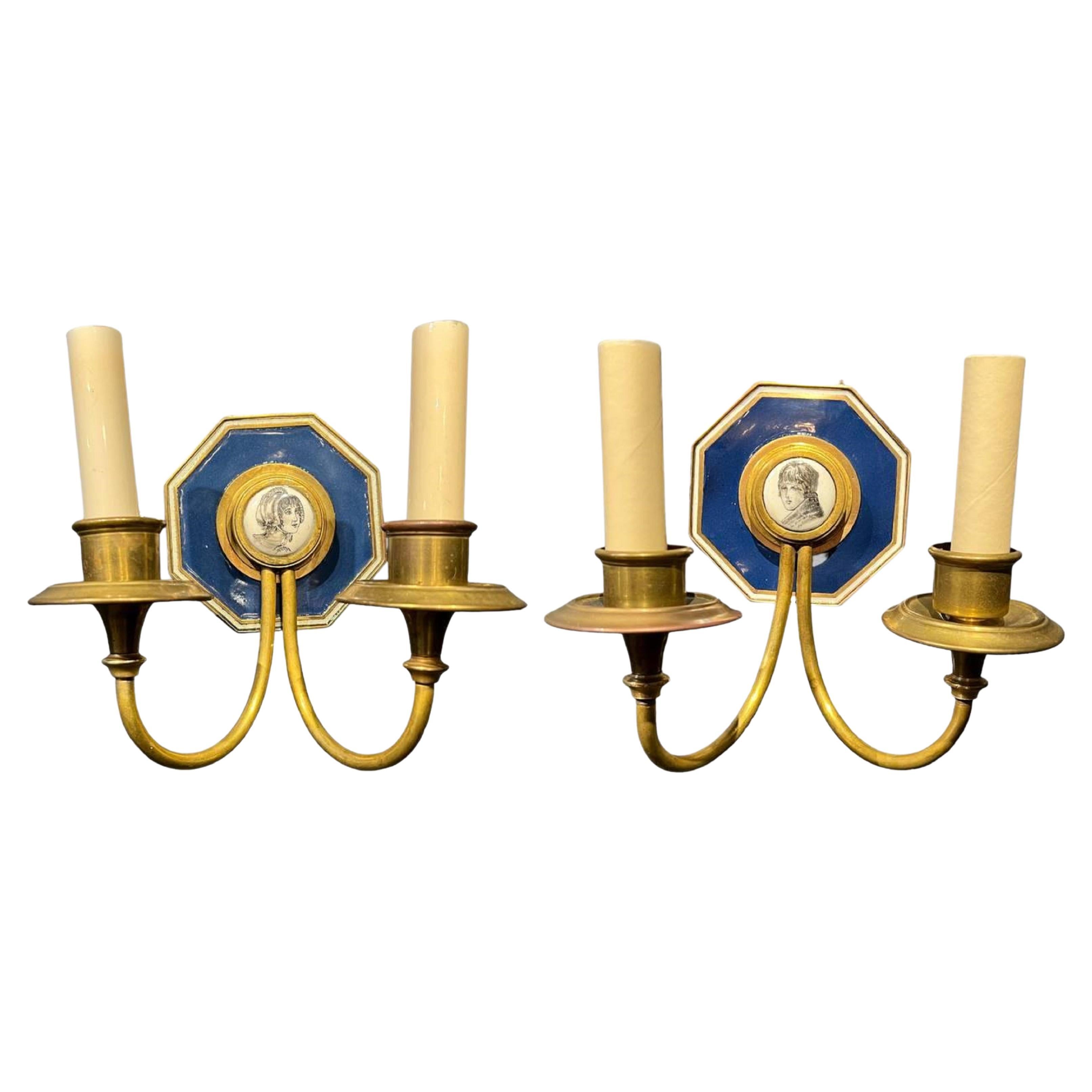 1920's Caldwell Porcelain Backplate Blue Sconces