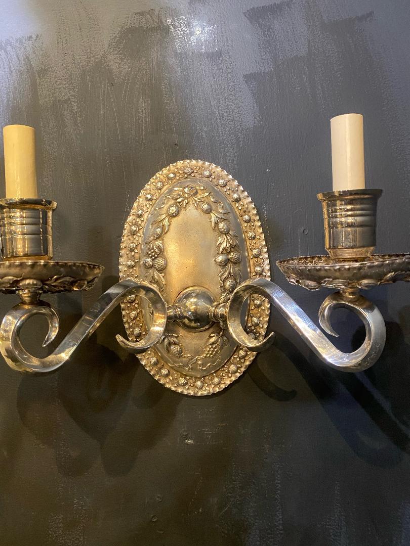 American Classical 1920's Caldwell Silver Plated Sconces with Hazelnuts  For Sale