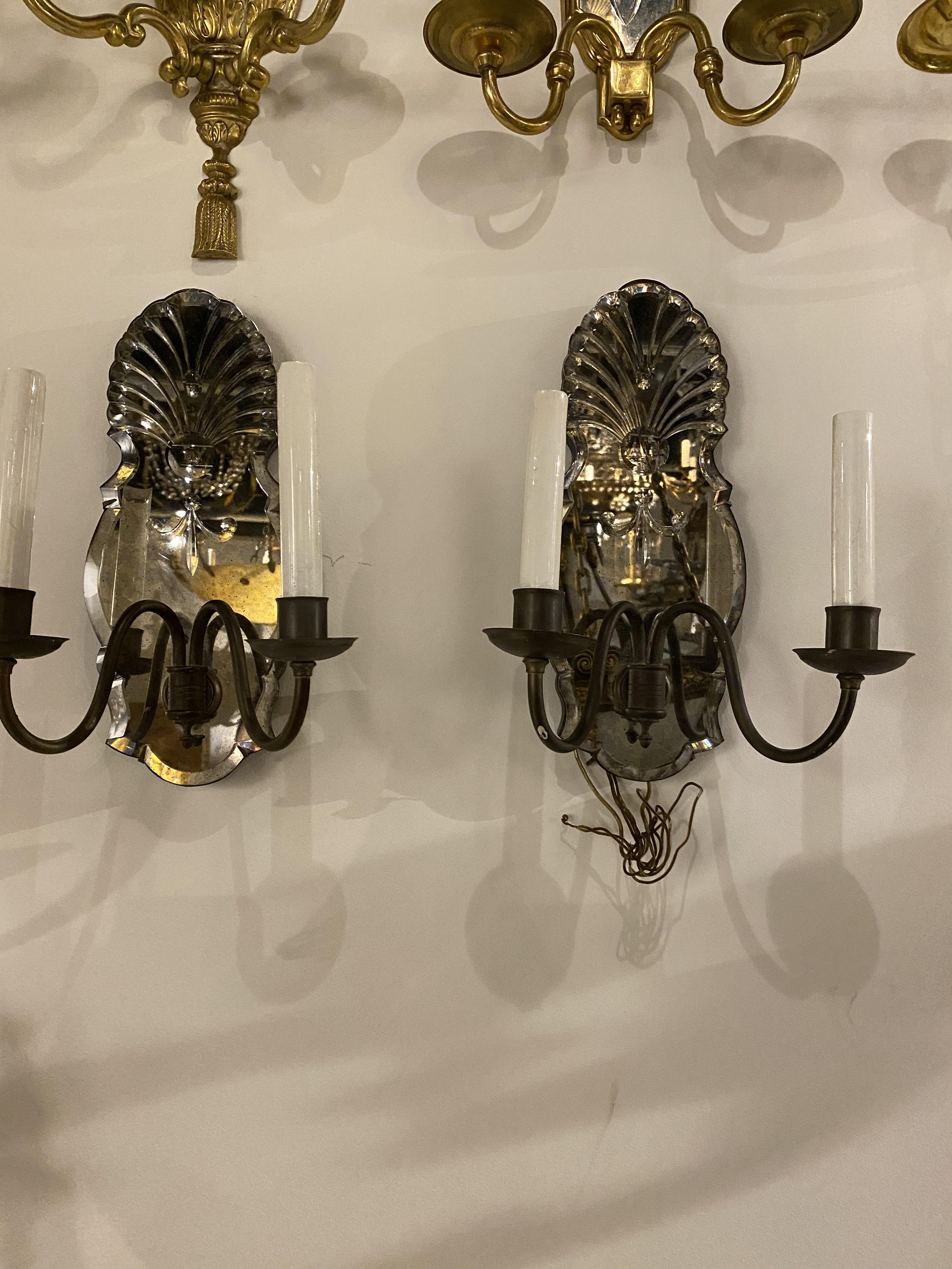 American Classical 1920's Caldwell Etched Mirror Sconces with Brown Patina For Sale