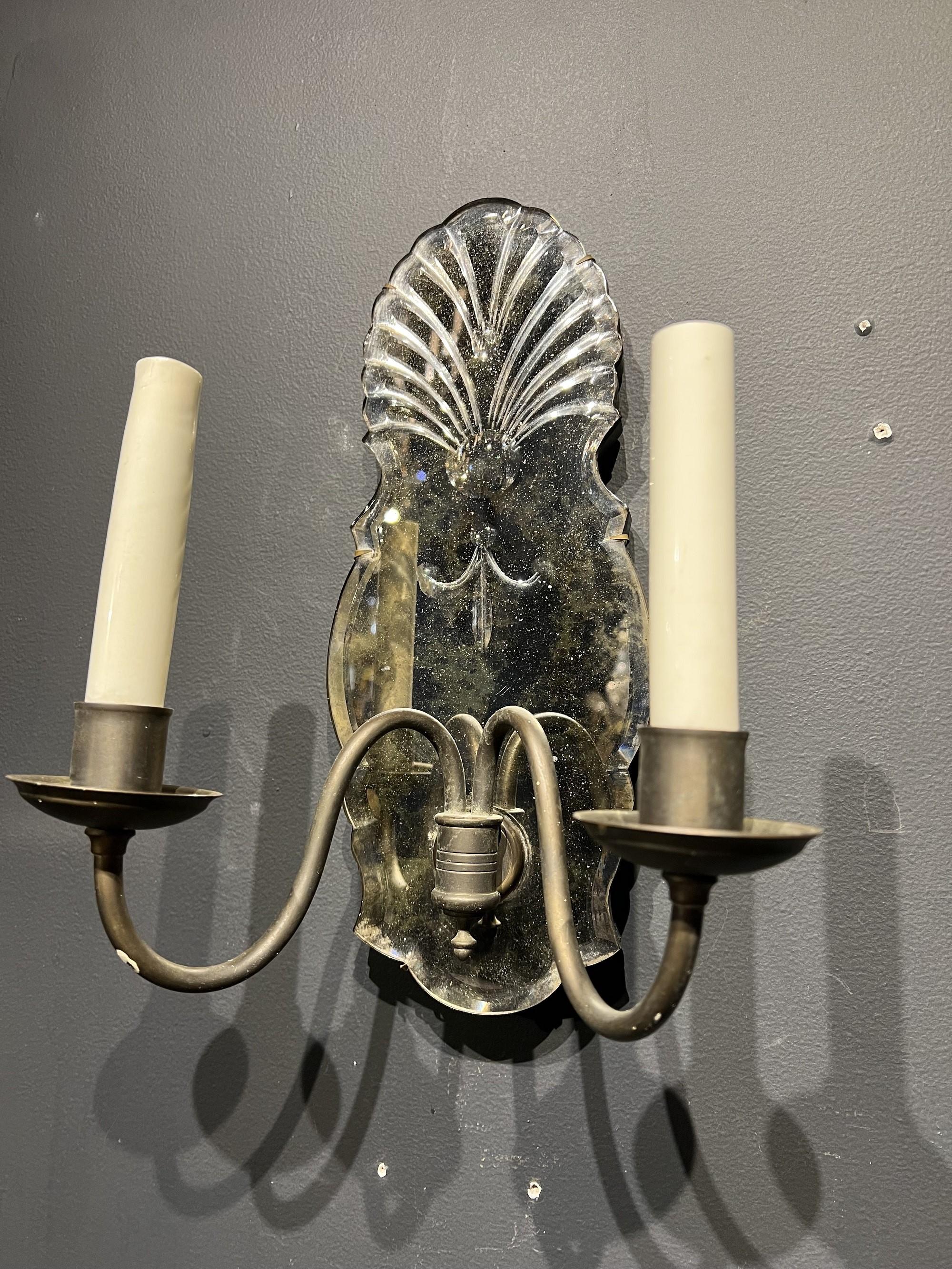1920's Caldwell Etched Mirror Sconces with Brown Patina In Good Condition For Sale In New York, NY
