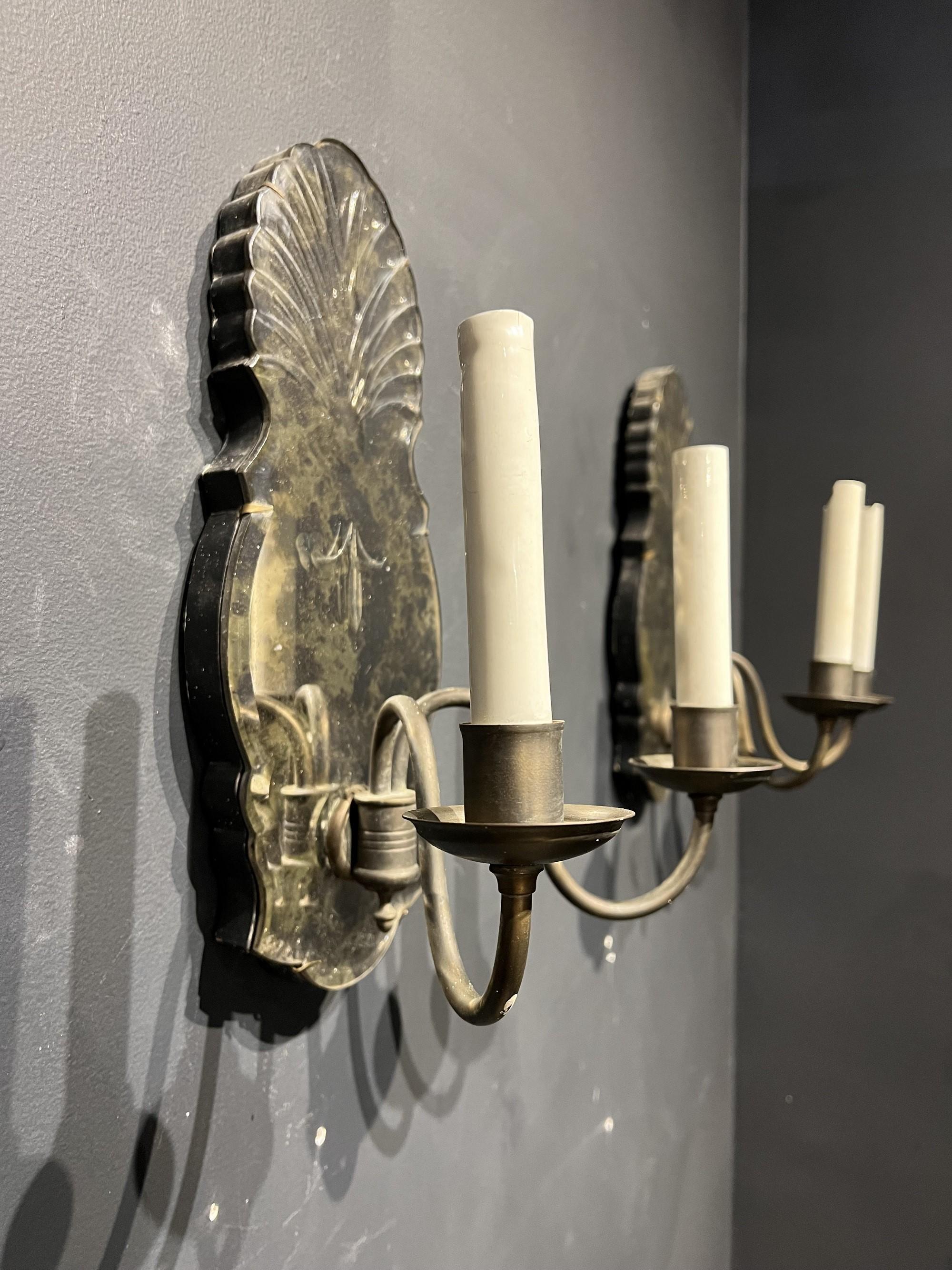 Early 20th Century 1920's Caldwell Etched Mirror Sconces with Brown Patina For Sale