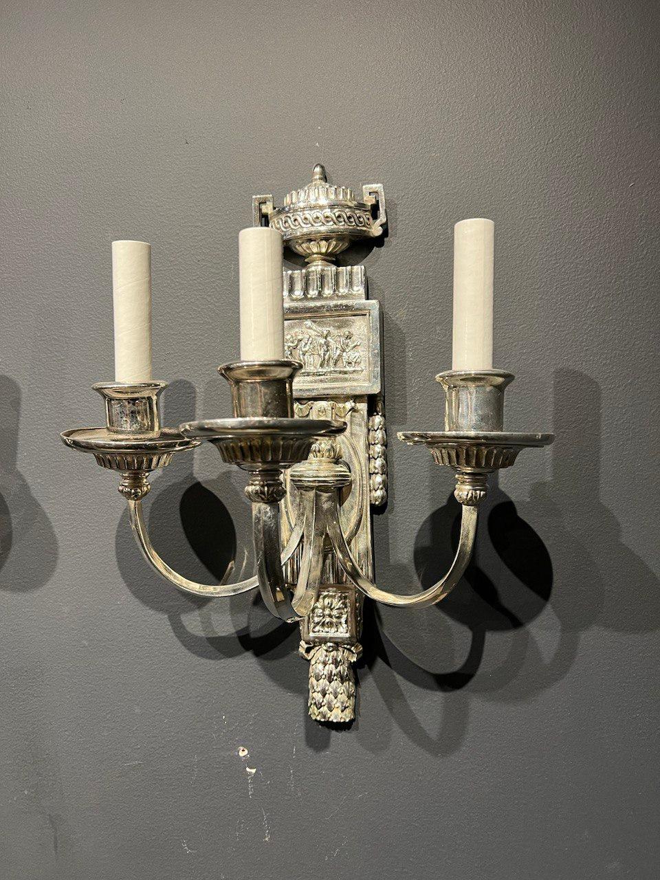 1920's Caldwell Neoclassic Silver Plated Sconces with 3 Lights For Sale 2
