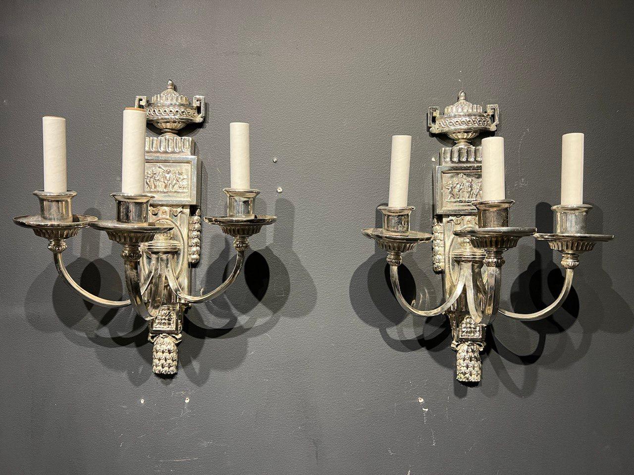 1920's Caldwell Neoclassic Silver Plated Sconces with 3 Lights For Sale 3
