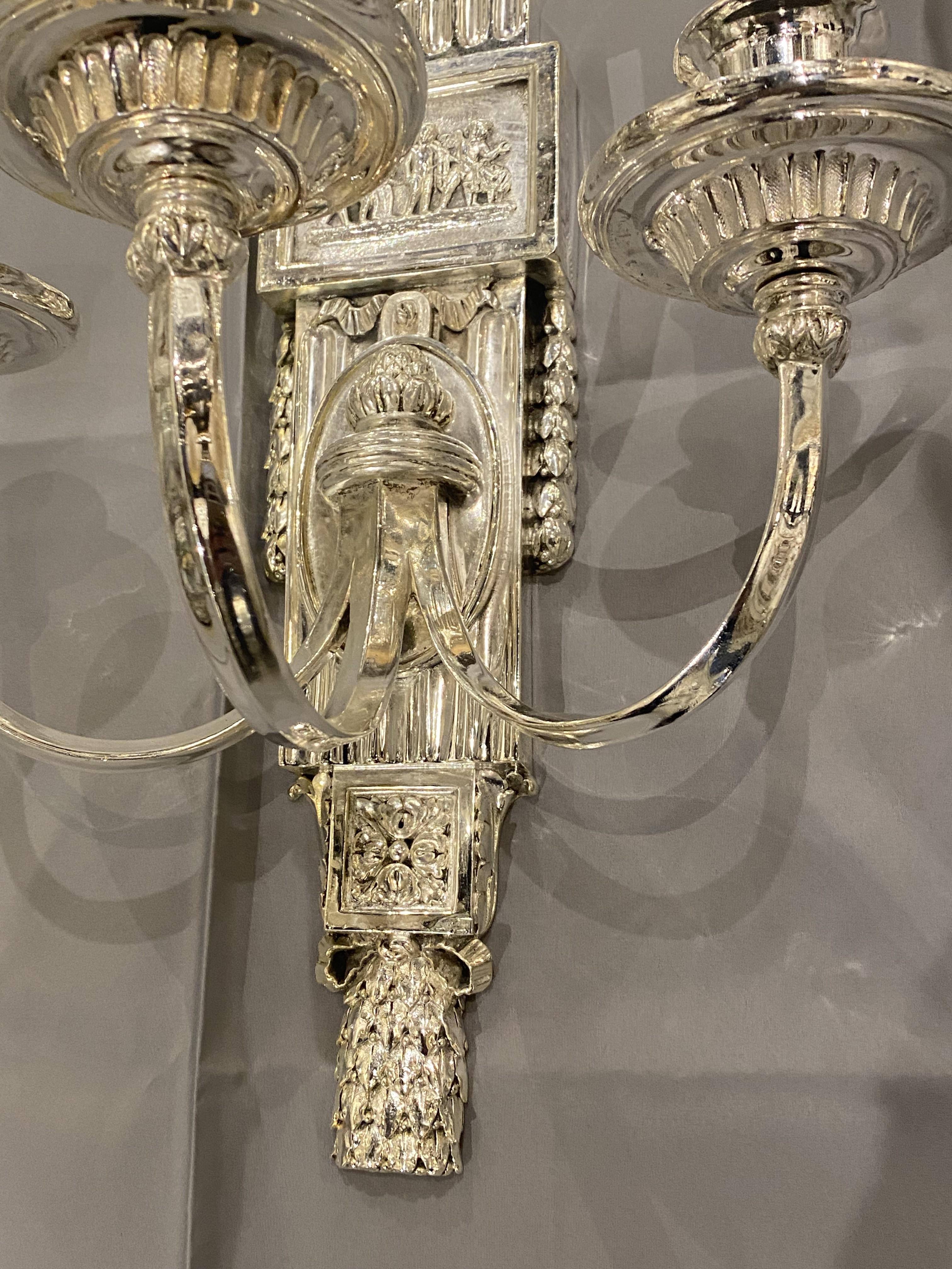 Silvered 1920's Caldwell Neoclassic Silver Plated Sconces with 3 Lights For Sale