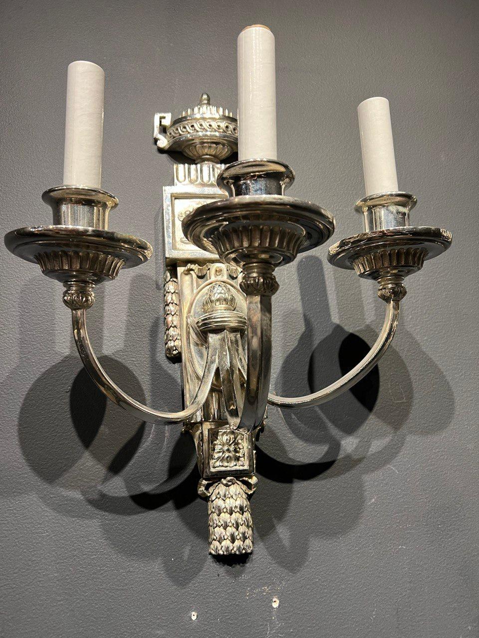 Early 20th Century 1920's Caldwell Neoclassic Silver Plated Sconces with 3 Lights For Sale