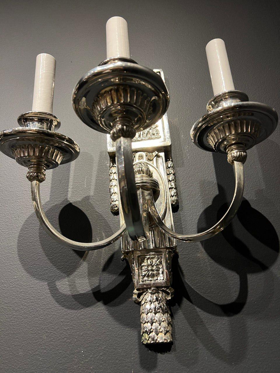 1920's Caldwell Neoclassic Silver Plated Sconces with 3 Lights For Sale 1