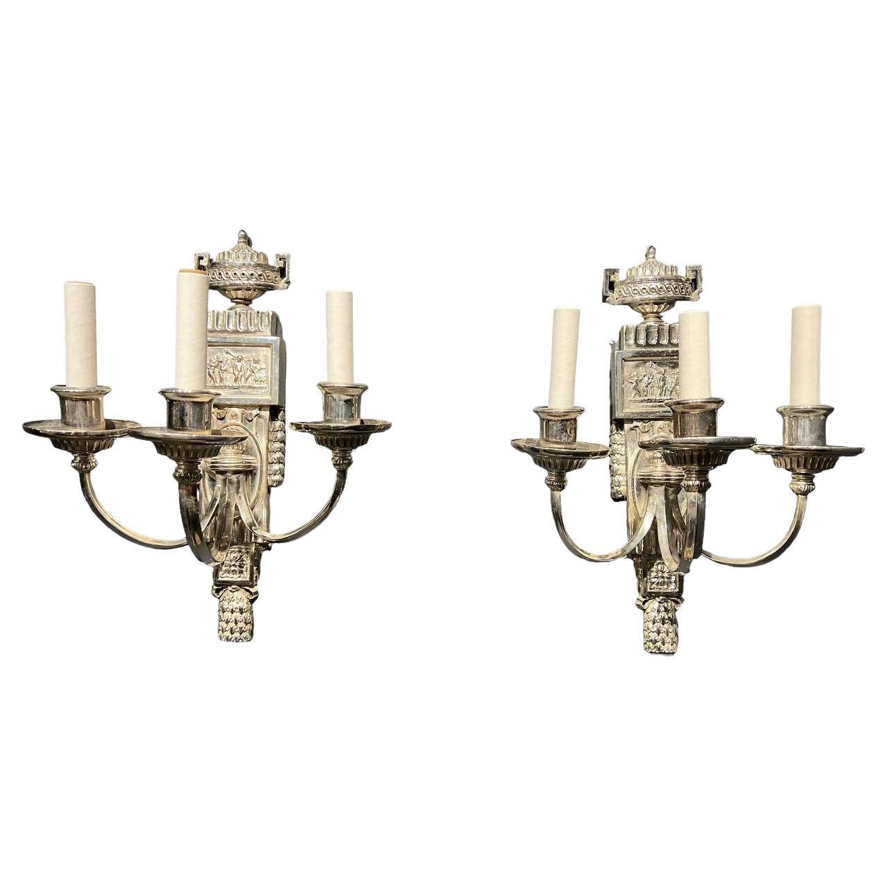 1920's Caldwell Neoclassic Silver Plated Sconces with 3 Lights For Sale