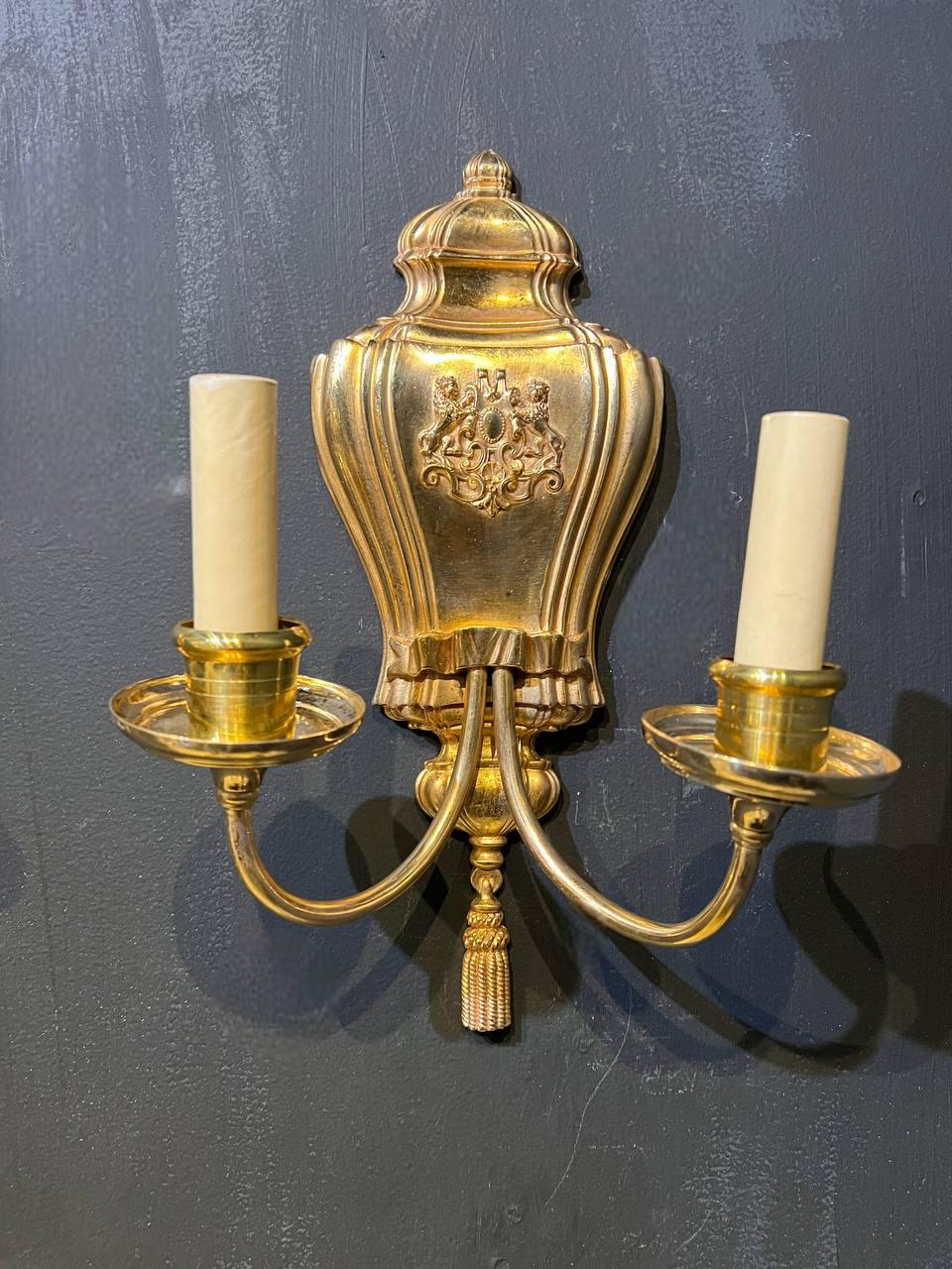 1920's Caldwell Gilt Bronze Sconces with Lions Shield In Good Condition For Sale In New York, NY