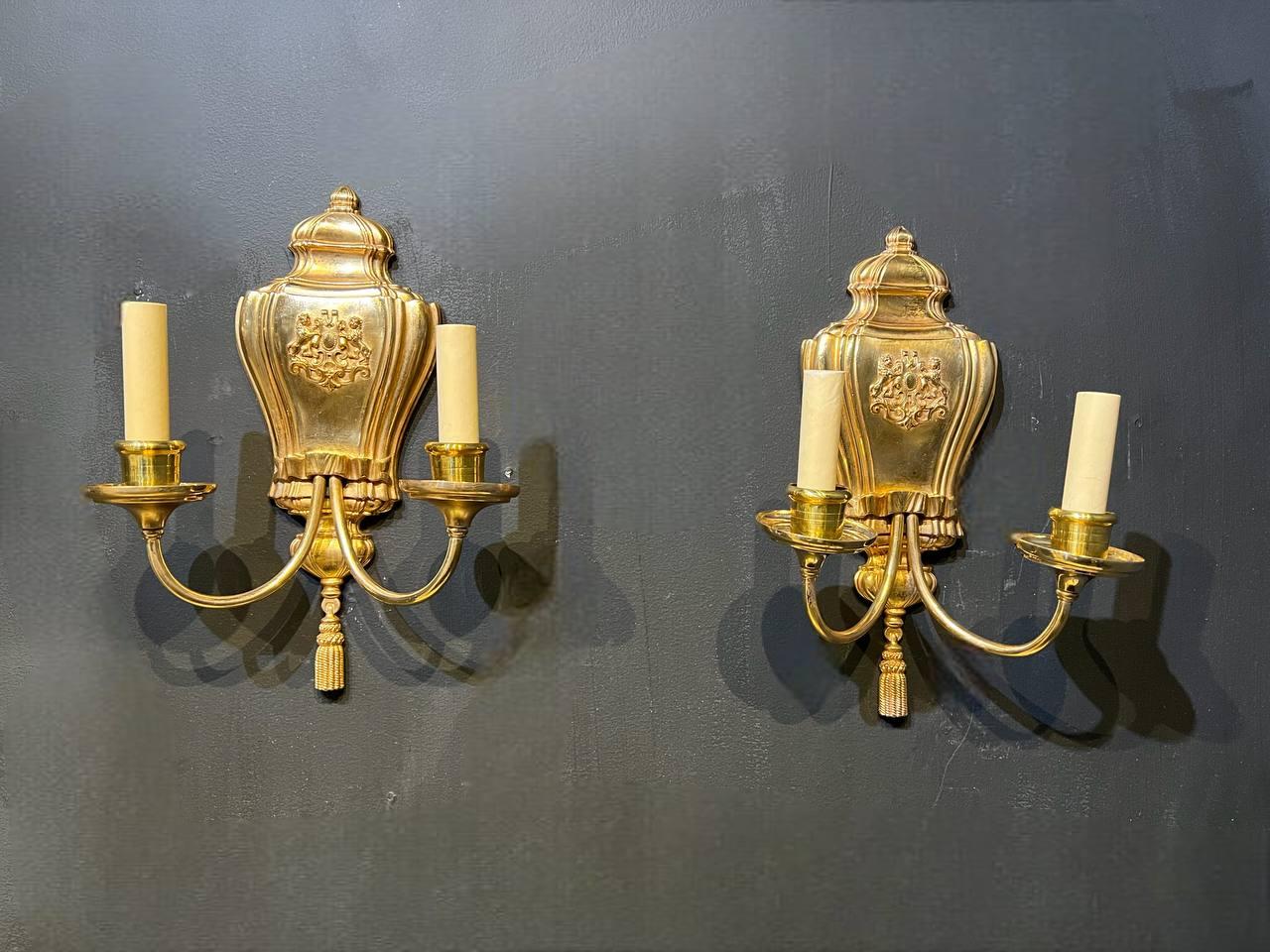 Early 20th Century 1920's Caldwell Gilt Bronze Sconces with Lions Shield For Sale