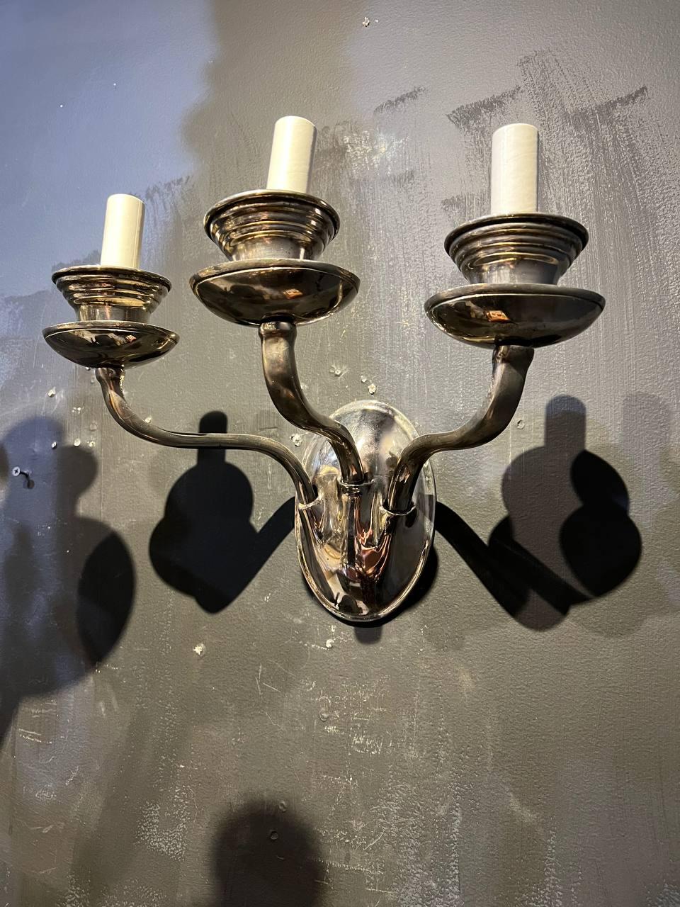 American Classical 1920 Caldwell Silver Plated 3 Lights Sconces For Sale