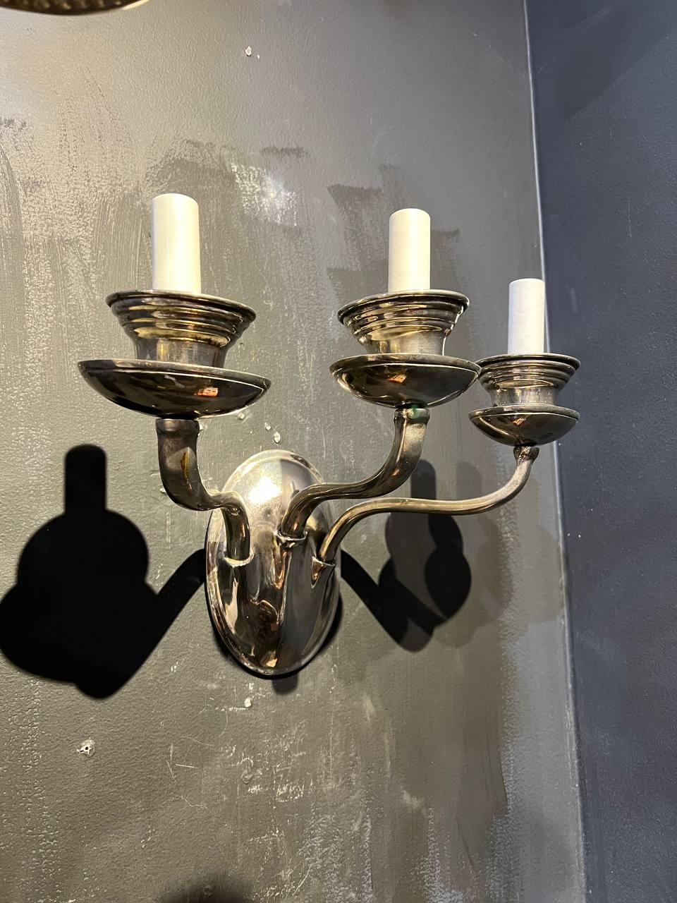 1920’s Caldwell Silver Plated 3 Lights Sconces In Good Condition For Sale In New York, NY