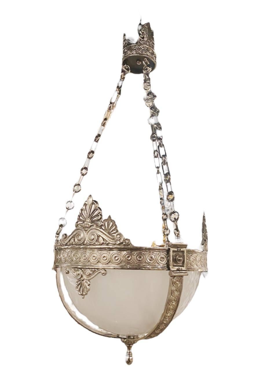 Neoclassical 1920s Caldwell Silver Plated Light Fixture with Opaline glass For Sale