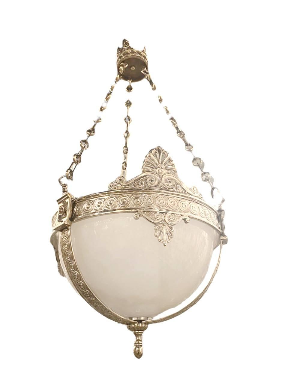 American 1920s Caldwell Silver Plated Light Fixture with Opaline glass For Sale