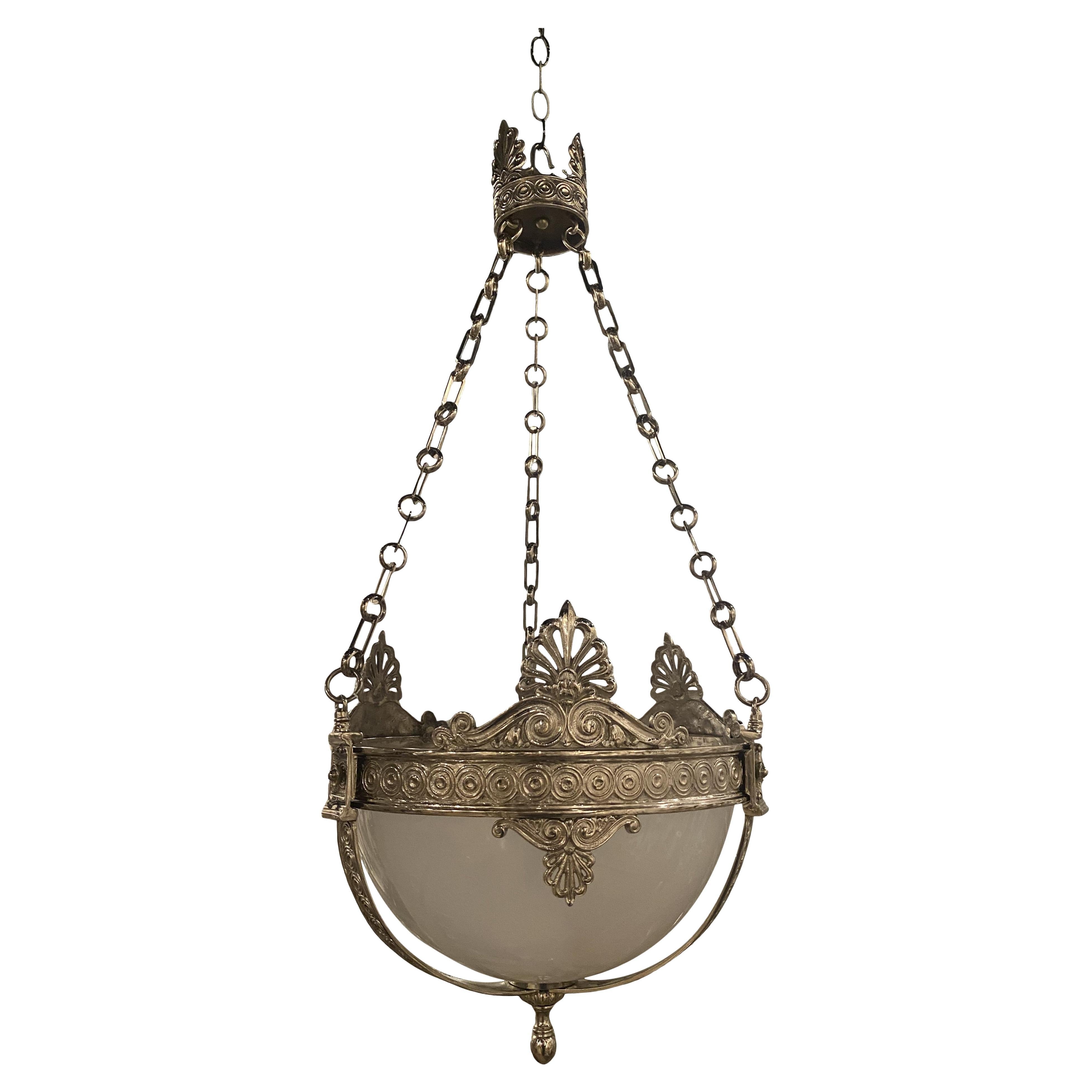 A circa 1920’s silver plate light fixture neoclassic style with Opaline glass inset and three lights