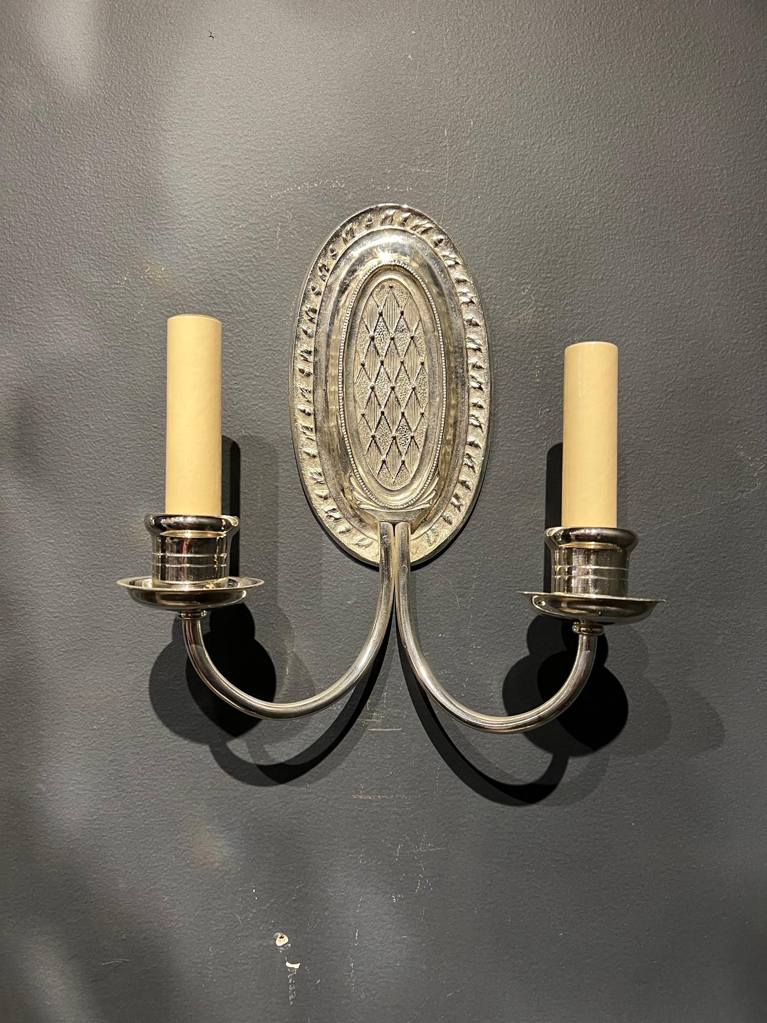 1920s Caldwell Silver Plated Oval Sconces In Good Condition For Sale In New York, NY