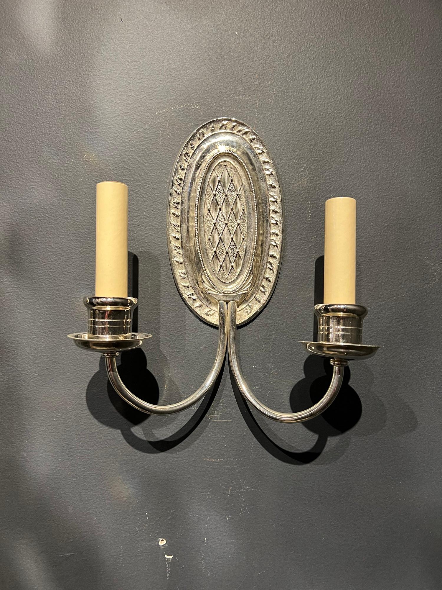American Classical Pair of Caldwell Silver Plated Sconces, Circa 1920s