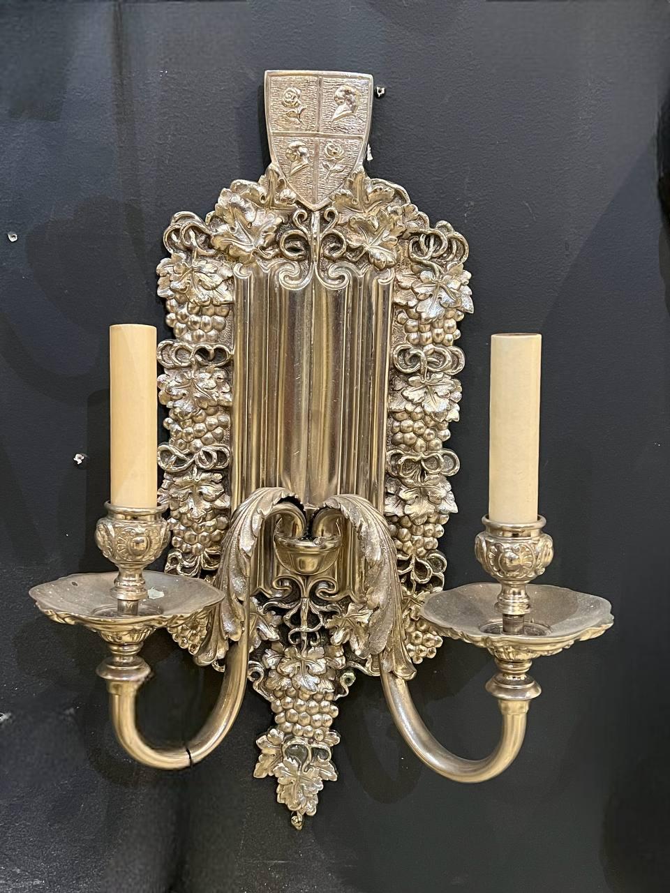 Neoclassical 1920's Caldwell Neoclassic Silver Plated Sconces with Grapes  For Sale