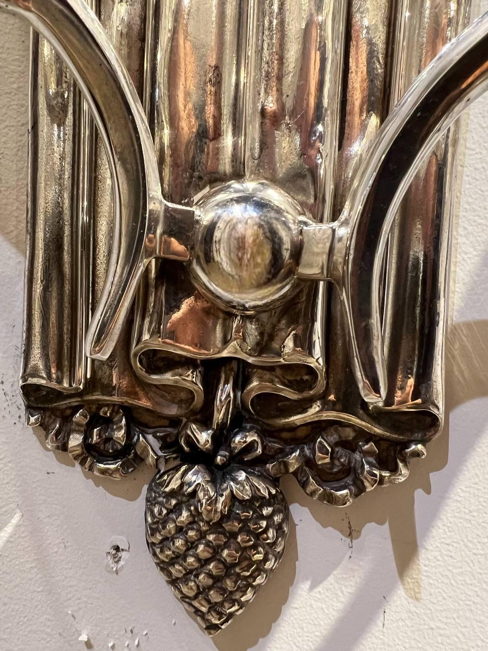 Adam Style 1920's Caldwell Silver Plated Sconces with Shield design  For Sale