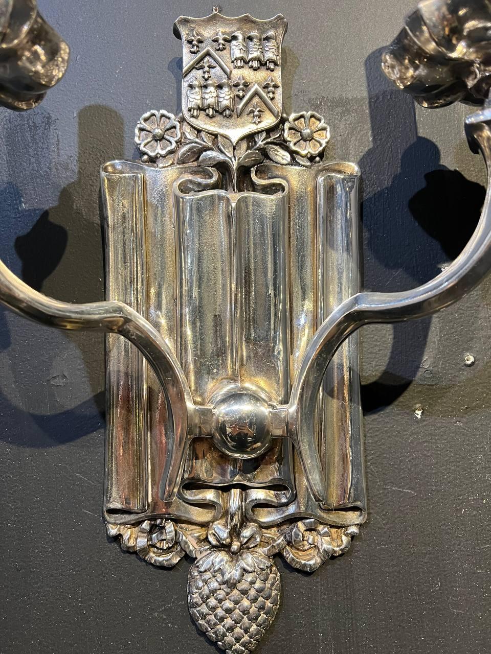 1920's Caldwell Silver Plated Sconces with Shield design  In Good Condition For Sale In New York, NY