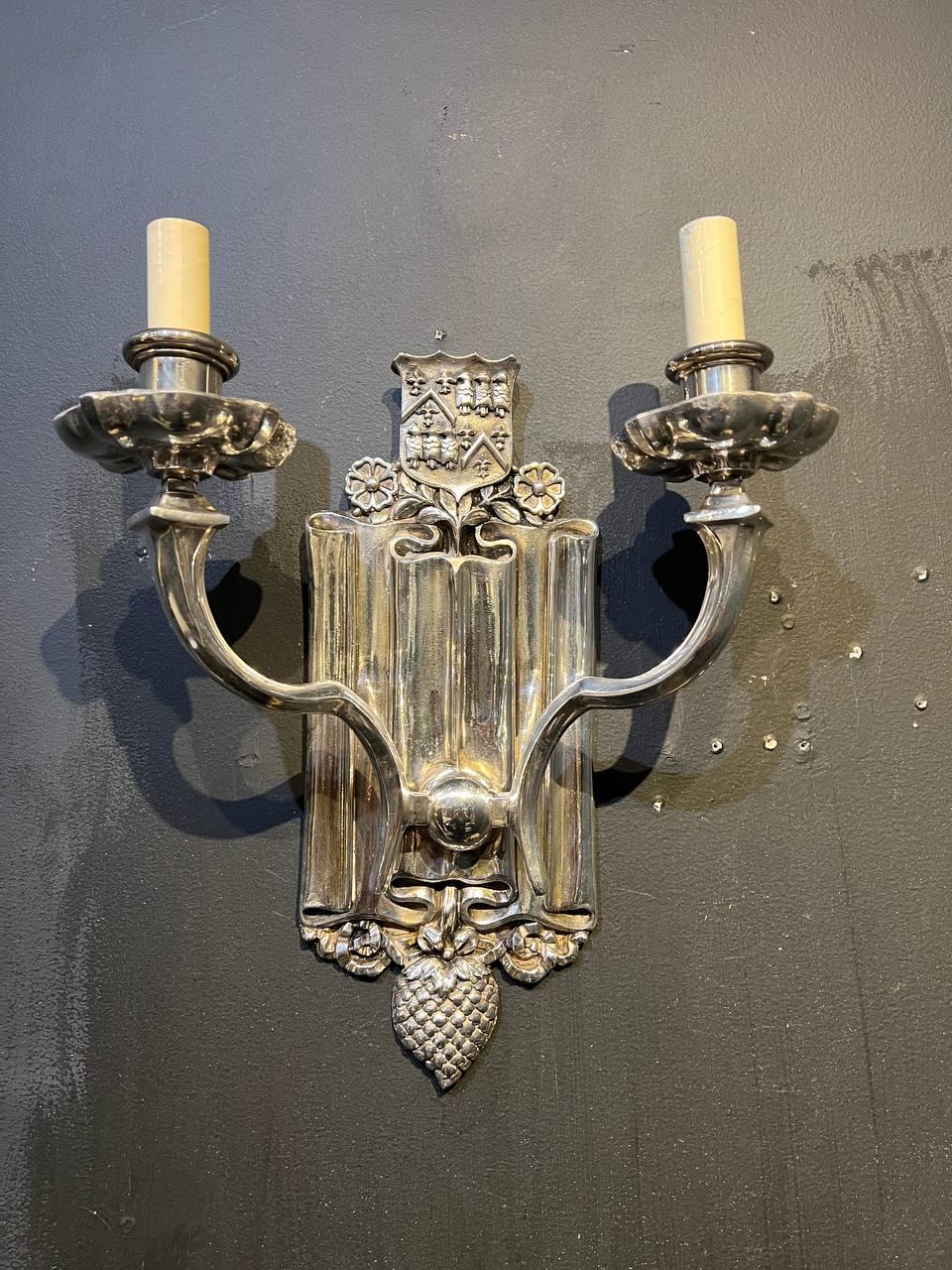 Early 20th Century 1920's Caldwell Silver Plated Sconces with Shield design  For Sale