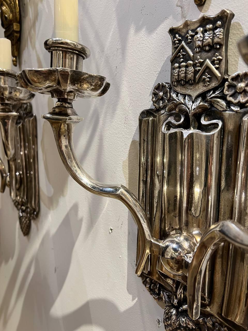 Silvered 1920's Caldwell Silver Plated Sconces with Shield design  For Sale