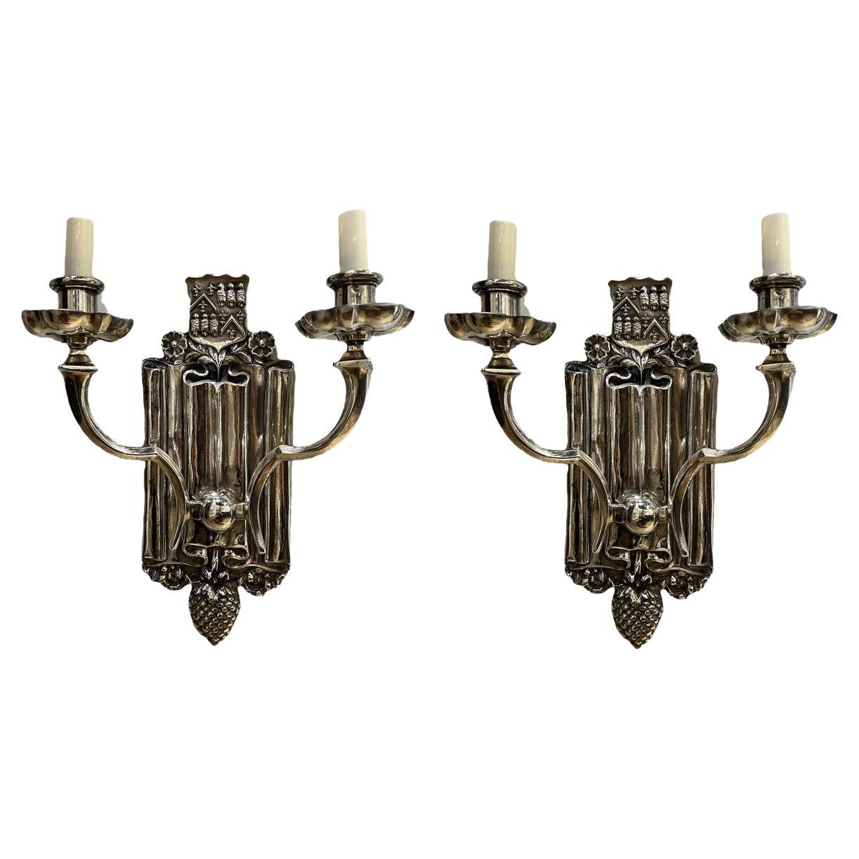 1920's Caldwell Silver Plated Sconces with Shield design  For Sale