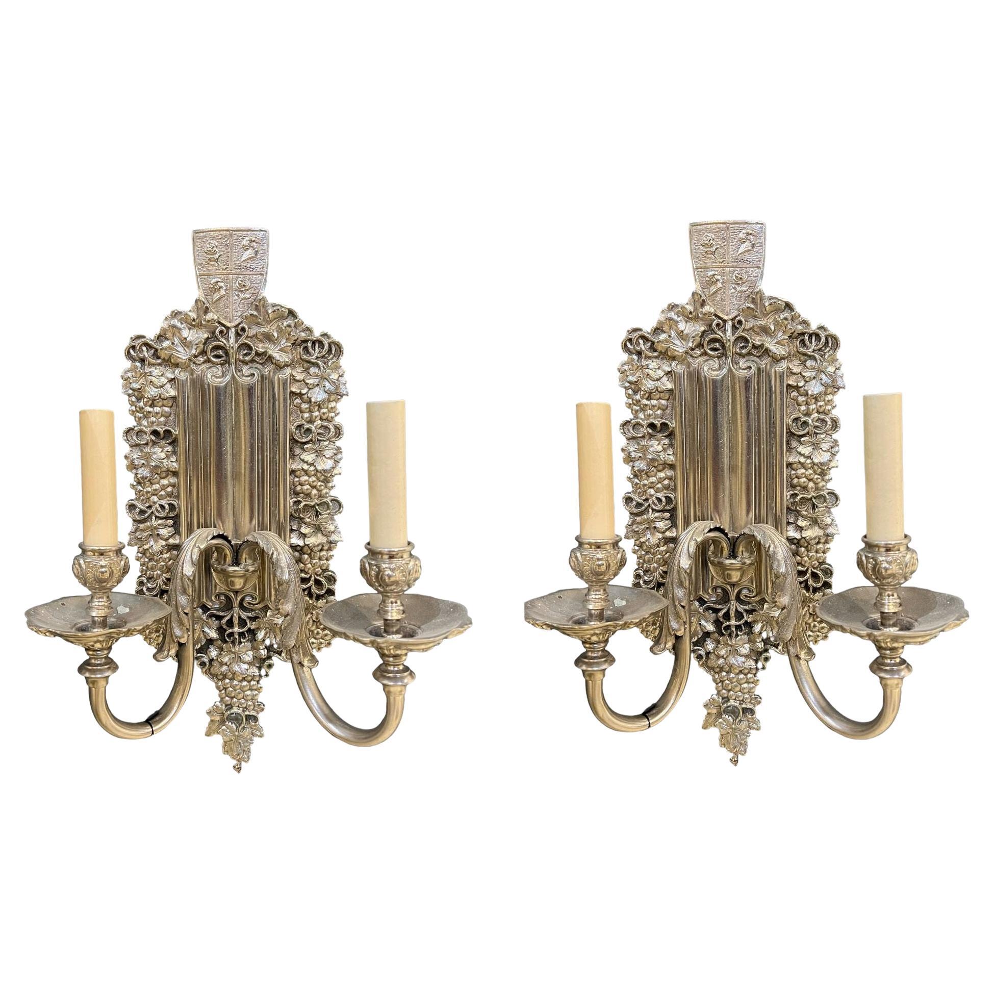 1920's Caldwell Neoclassic Silver Plated Sconces with Grapes  For Sale