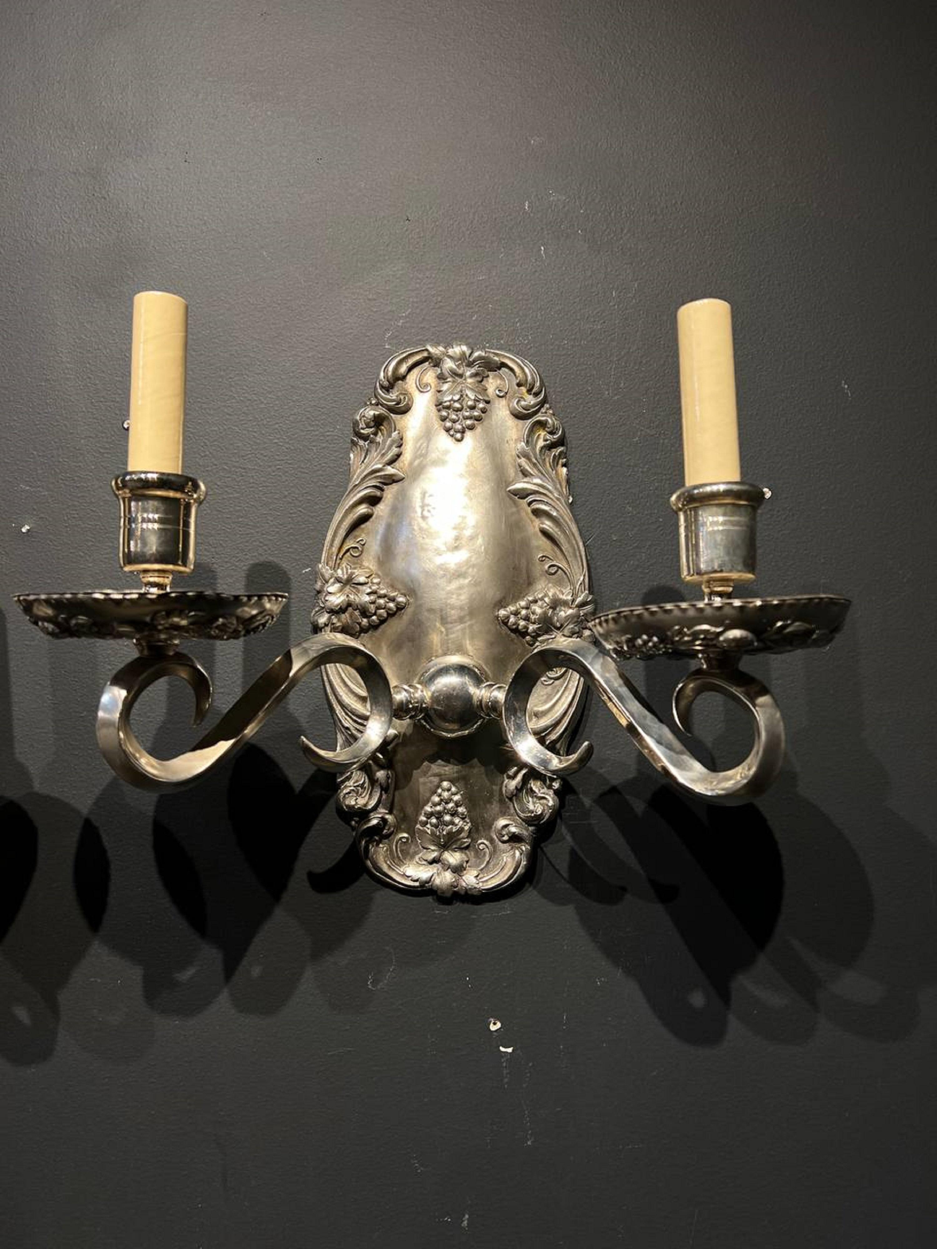 Early 20th Century 1920’s Caldwell Silver Plated Sconces with Grapes design  For Sale