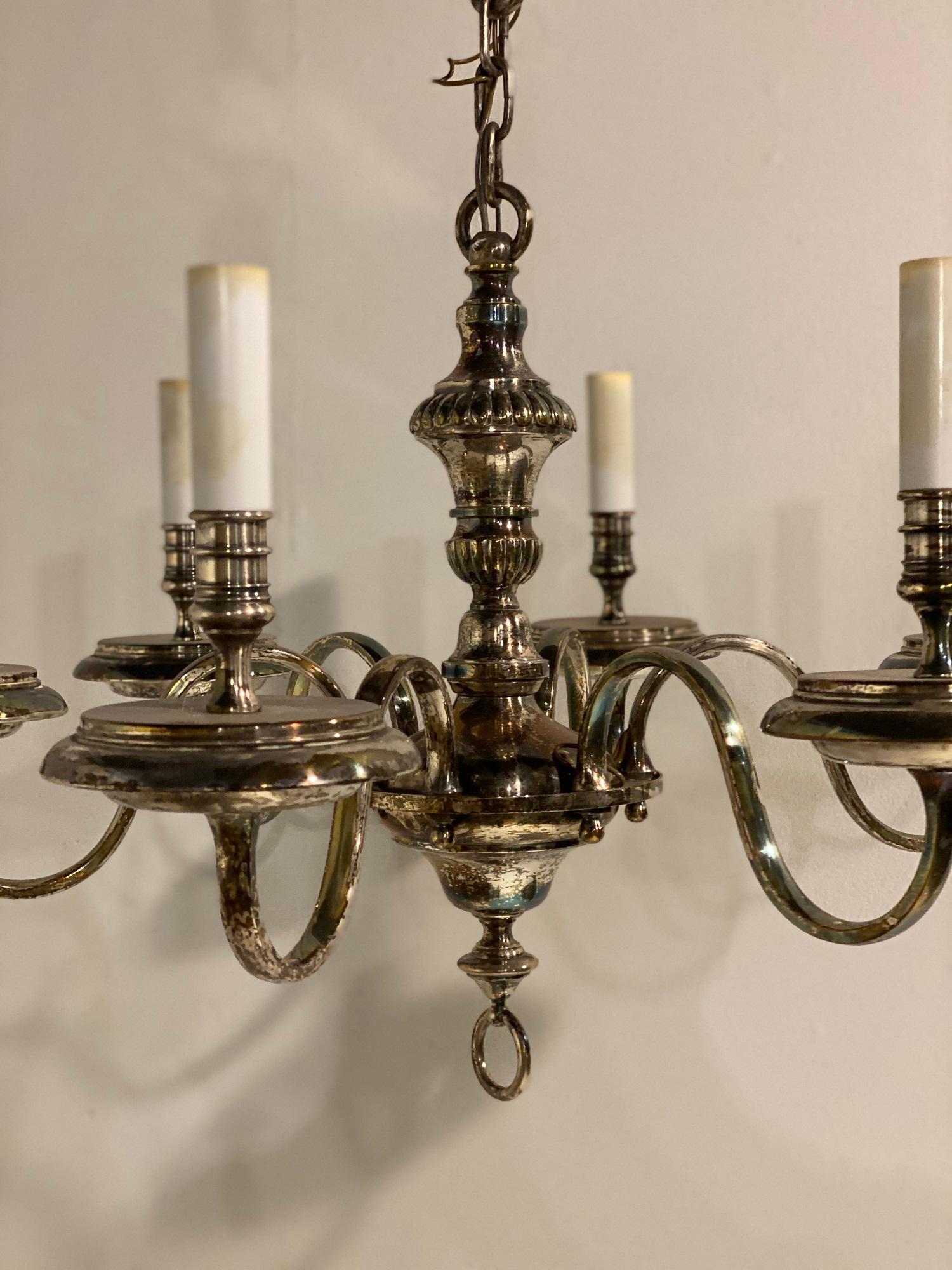 American Classical 1920's Caldwell Six Light Silver Plated Chandelier For Sale