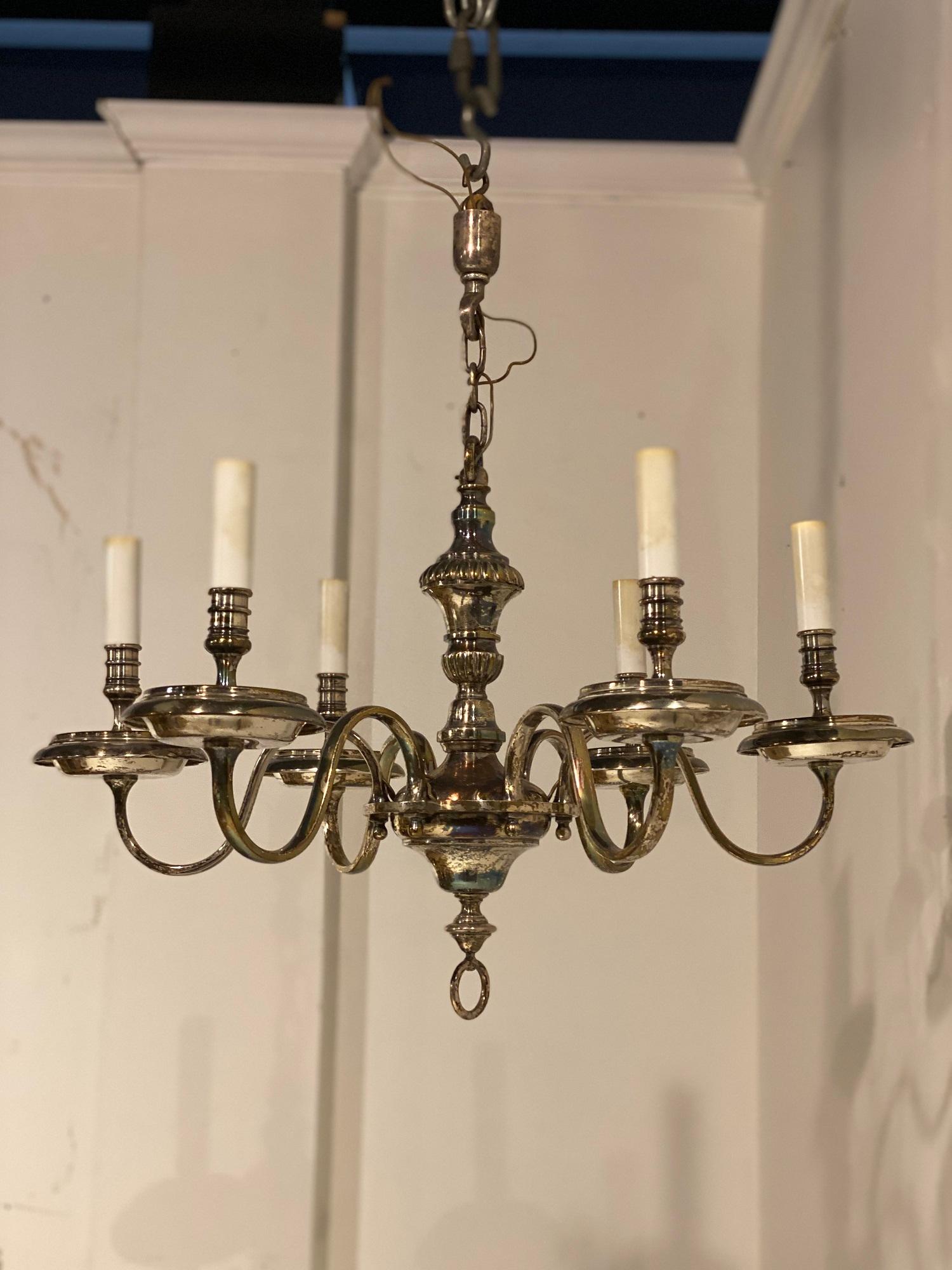 1920's Caldwell Six Light Silver Plated Chandelier In Good Condition For Sale In New York, NY