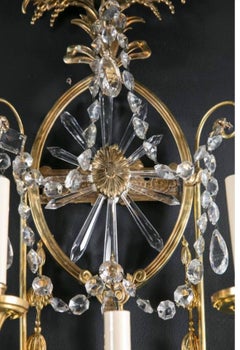 1920s Caldwell Large Sunburst Crystal Sconces with Three Lights