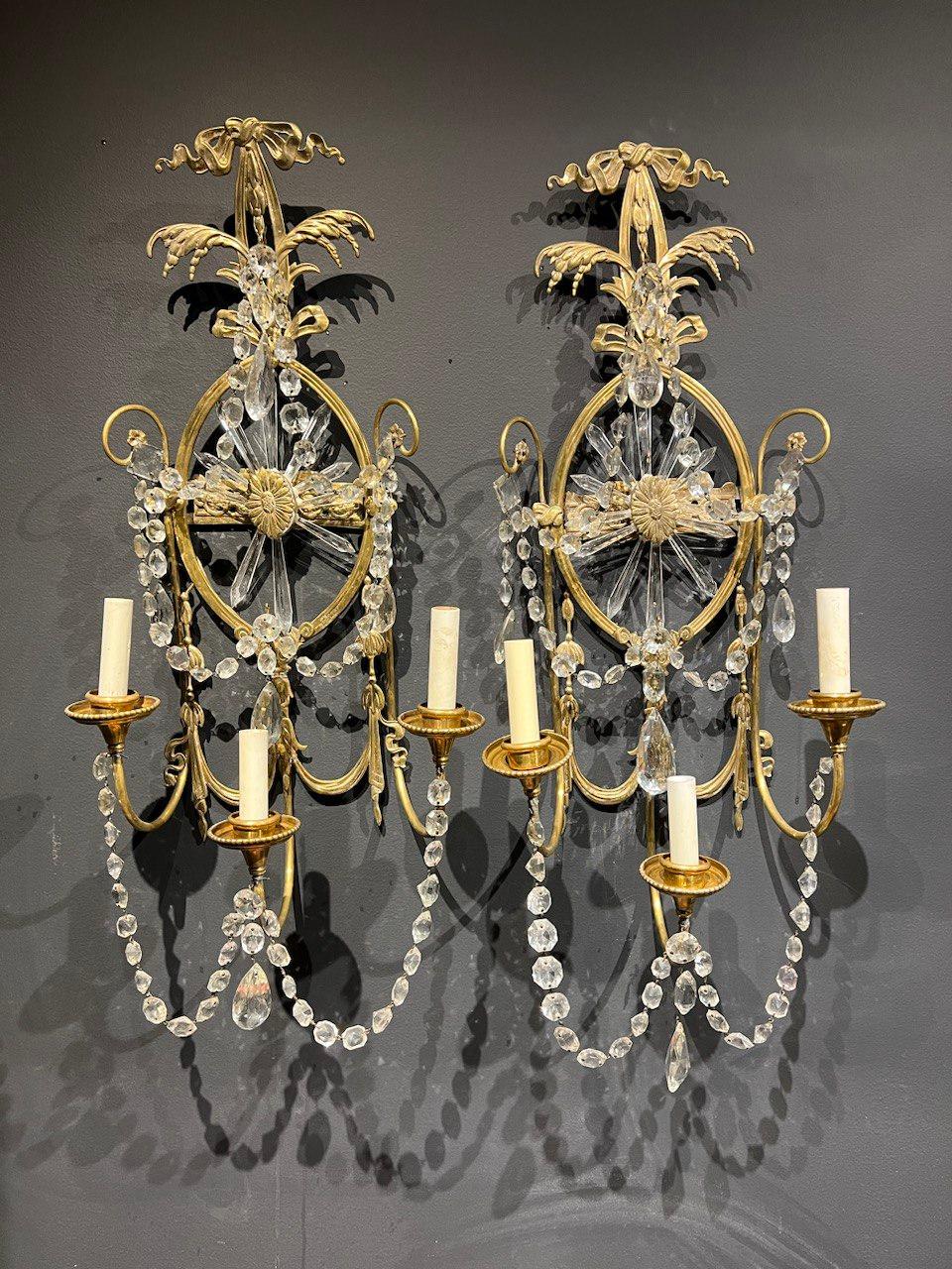 1920s Caldwell Large Sunburst Crystal Sconces with Three Lights In Good Condition For Sale In New York, NY