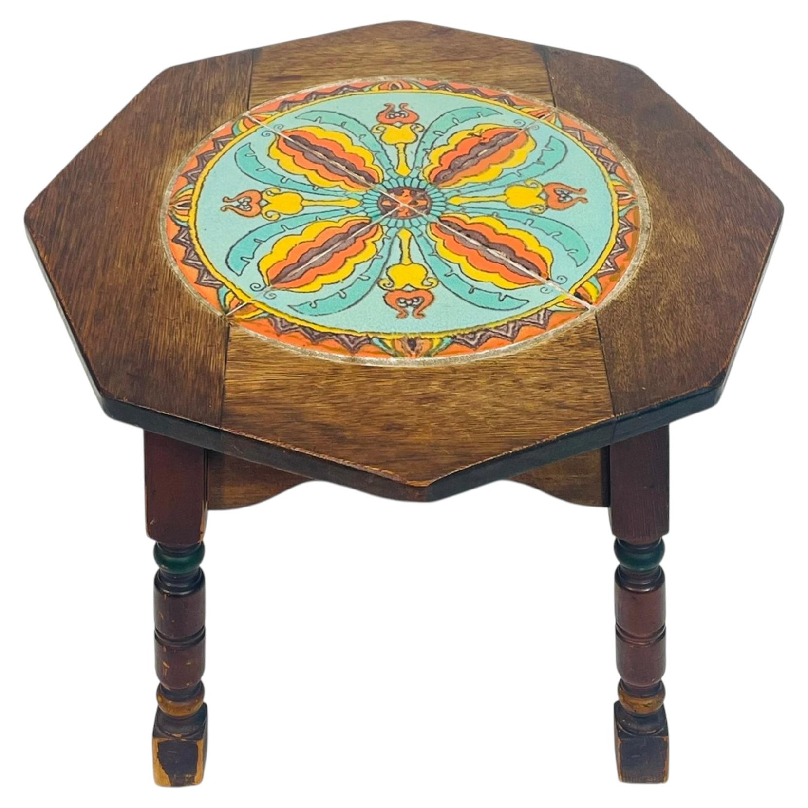 1920s California Spanish Revival Tile Top Octagonal Side Table