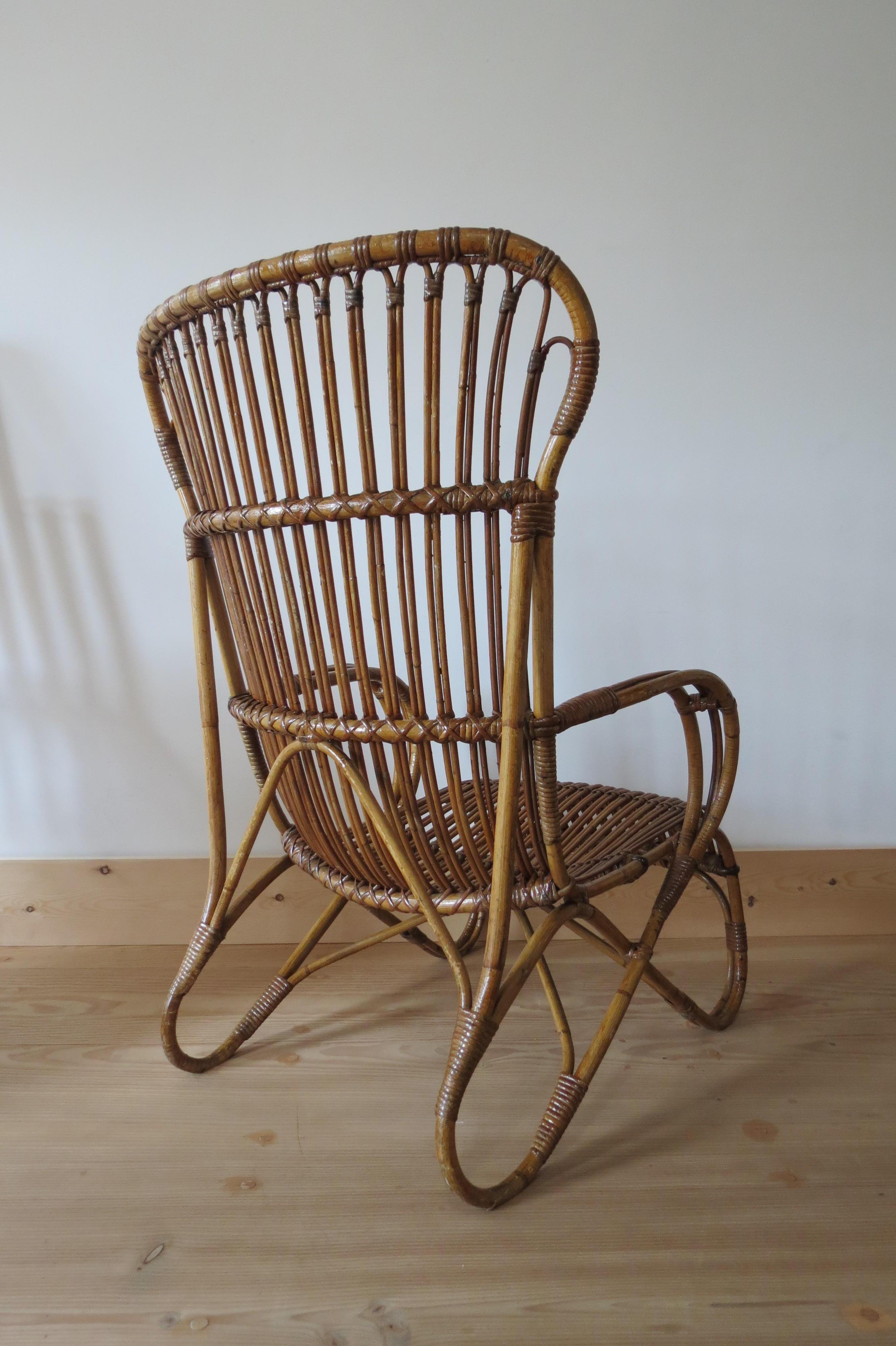 Bronzed 1920s Cane and Bamboo Lounge Chair