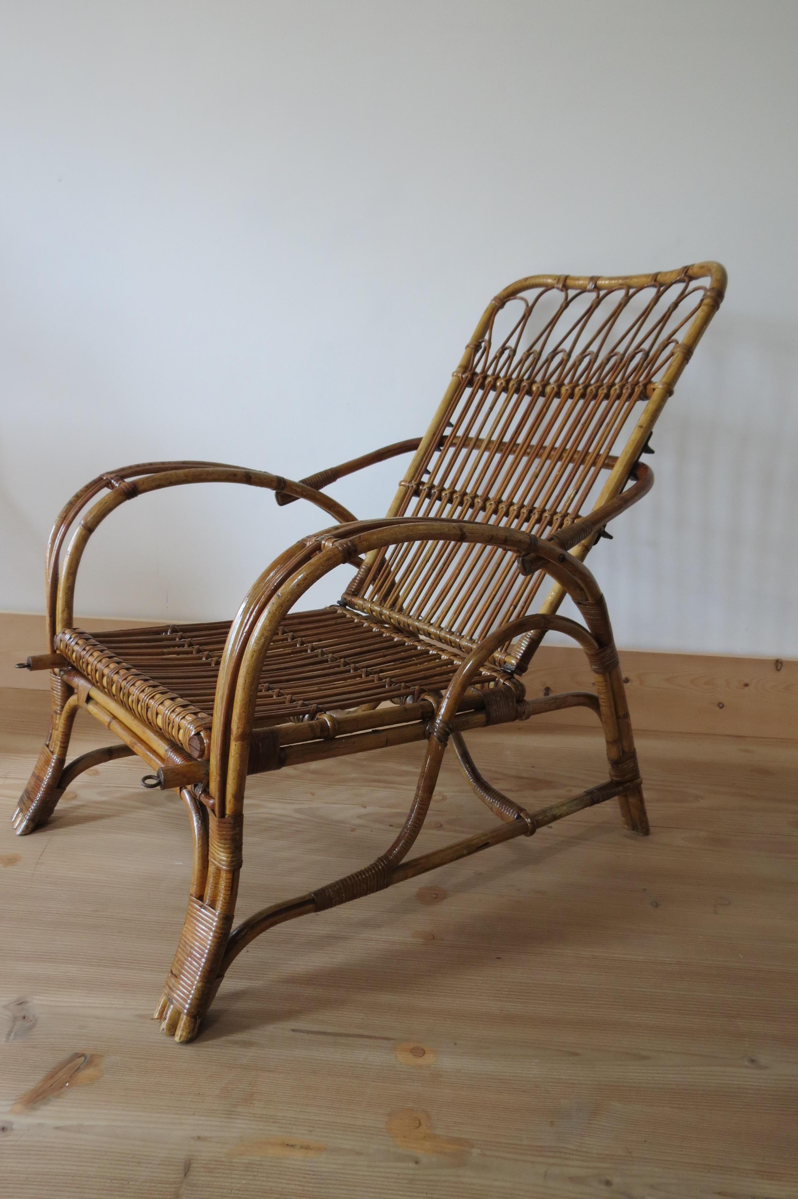 1920s Cane and Bamboo Reclining Chair and Footstool  3