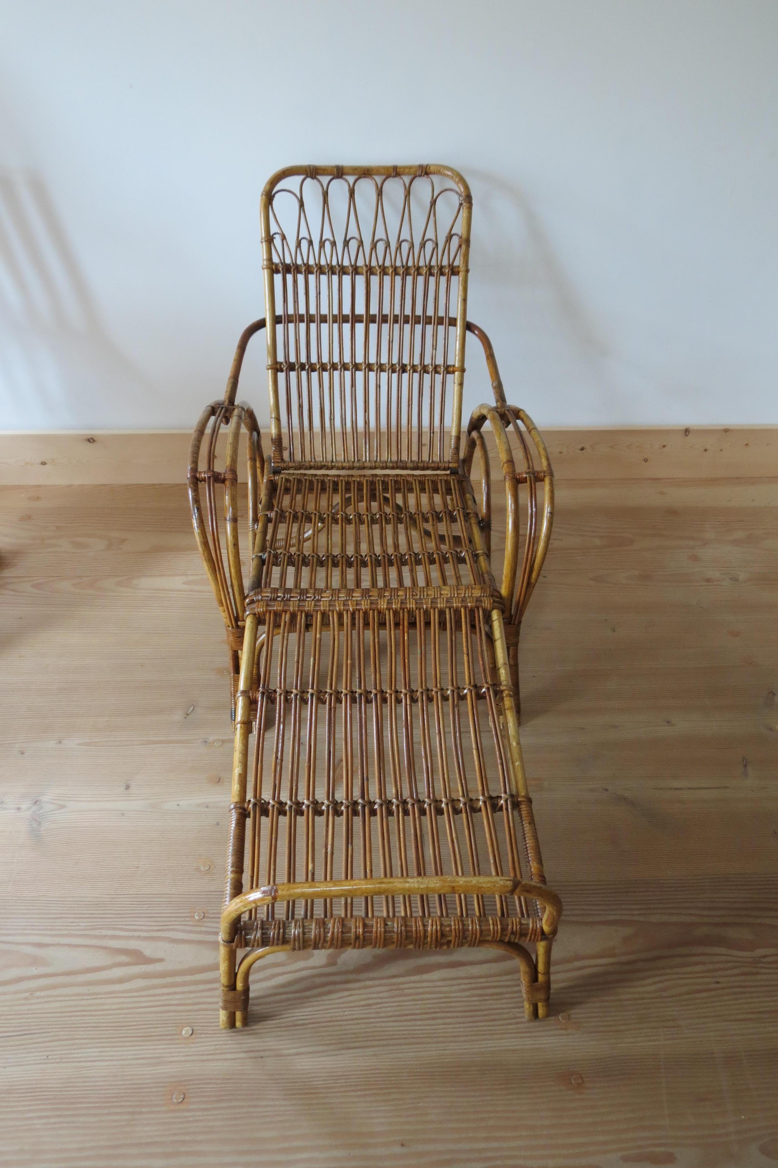 1920s Cane and Bamboo Reclining Chair and Footstool  8