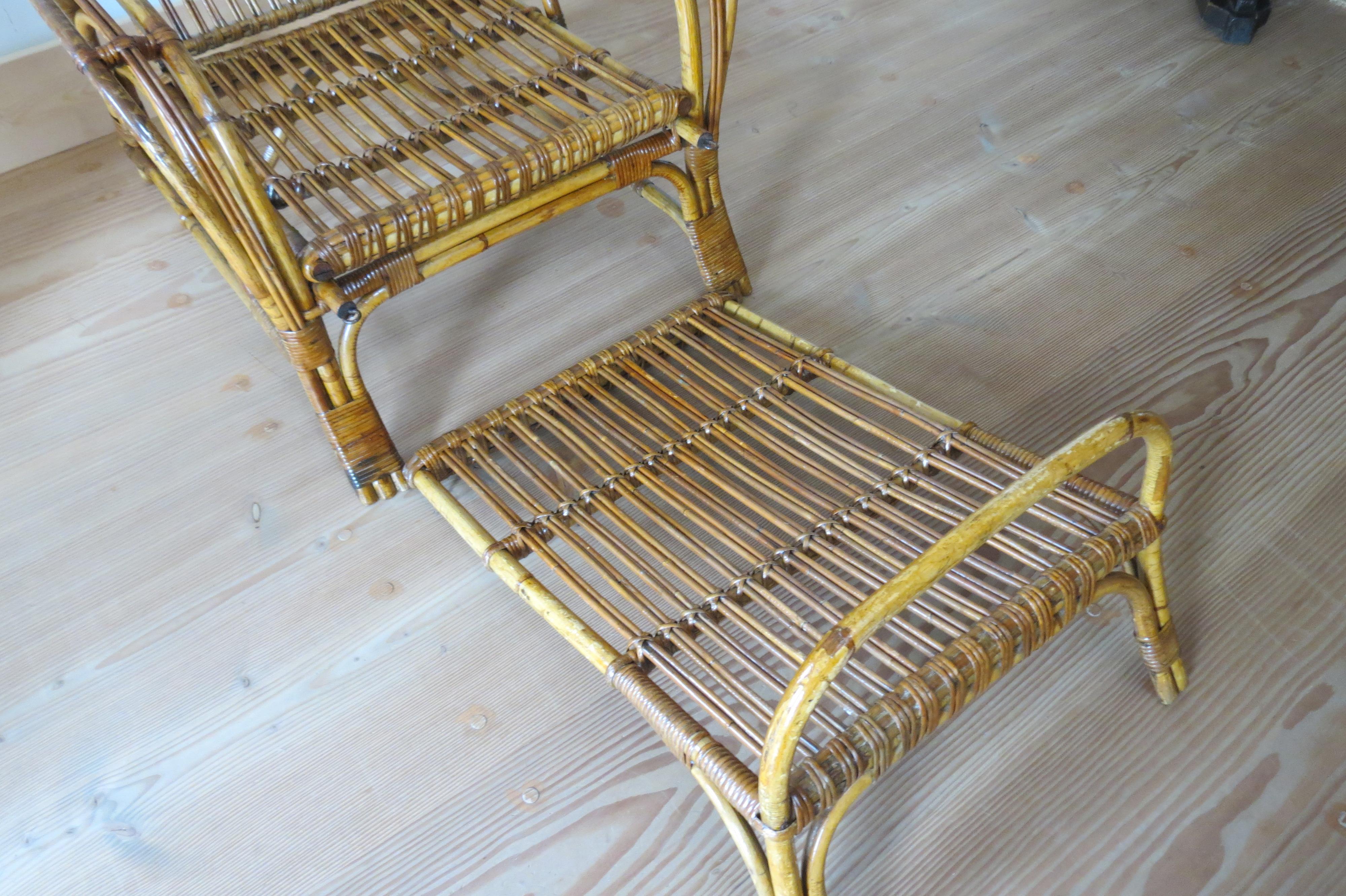 1920s Cane and Bamboo Reclining Chair and Footstool  10