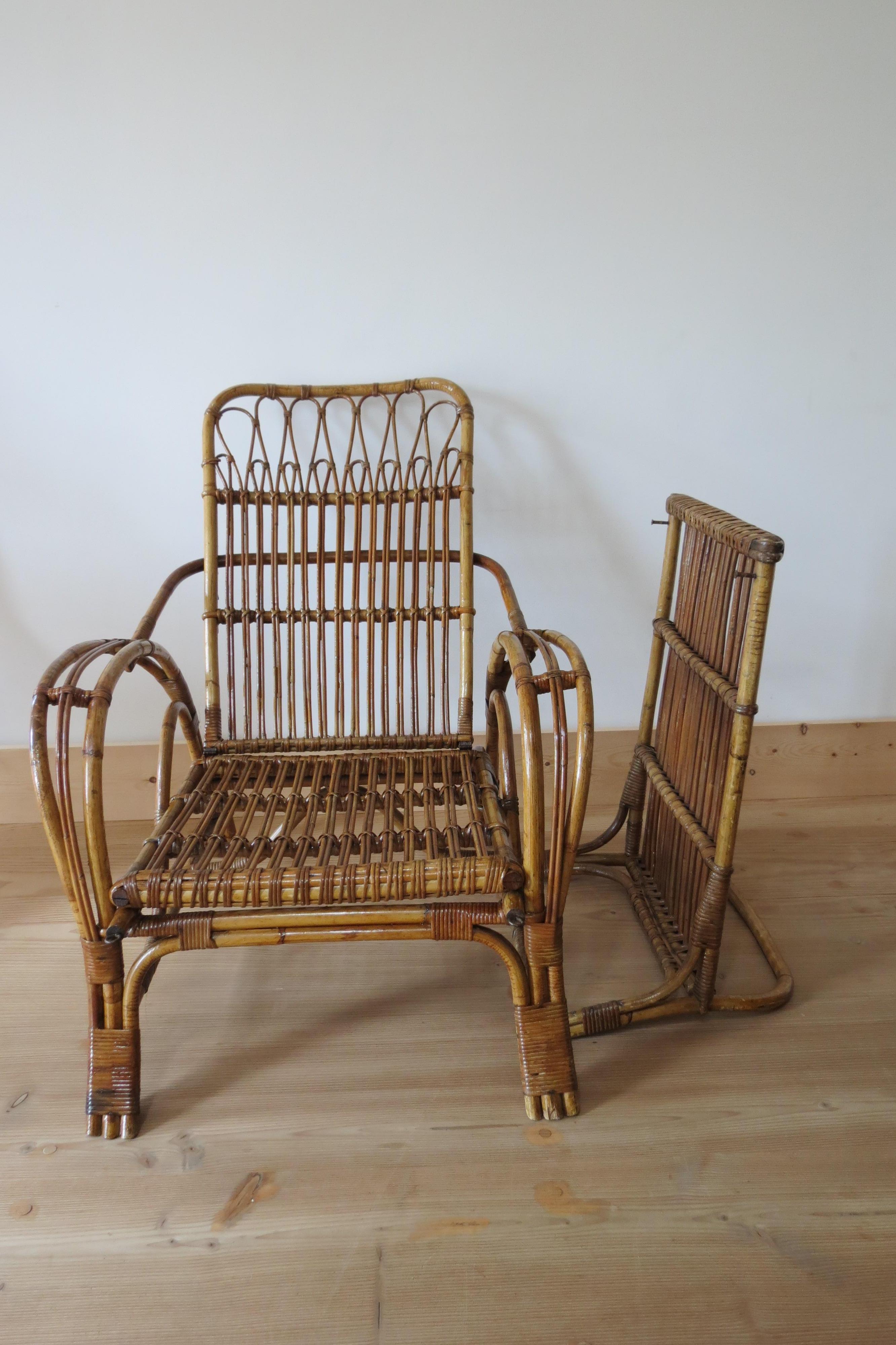 1920s Cane and Bamboo Reclining Chair and Footstool  12