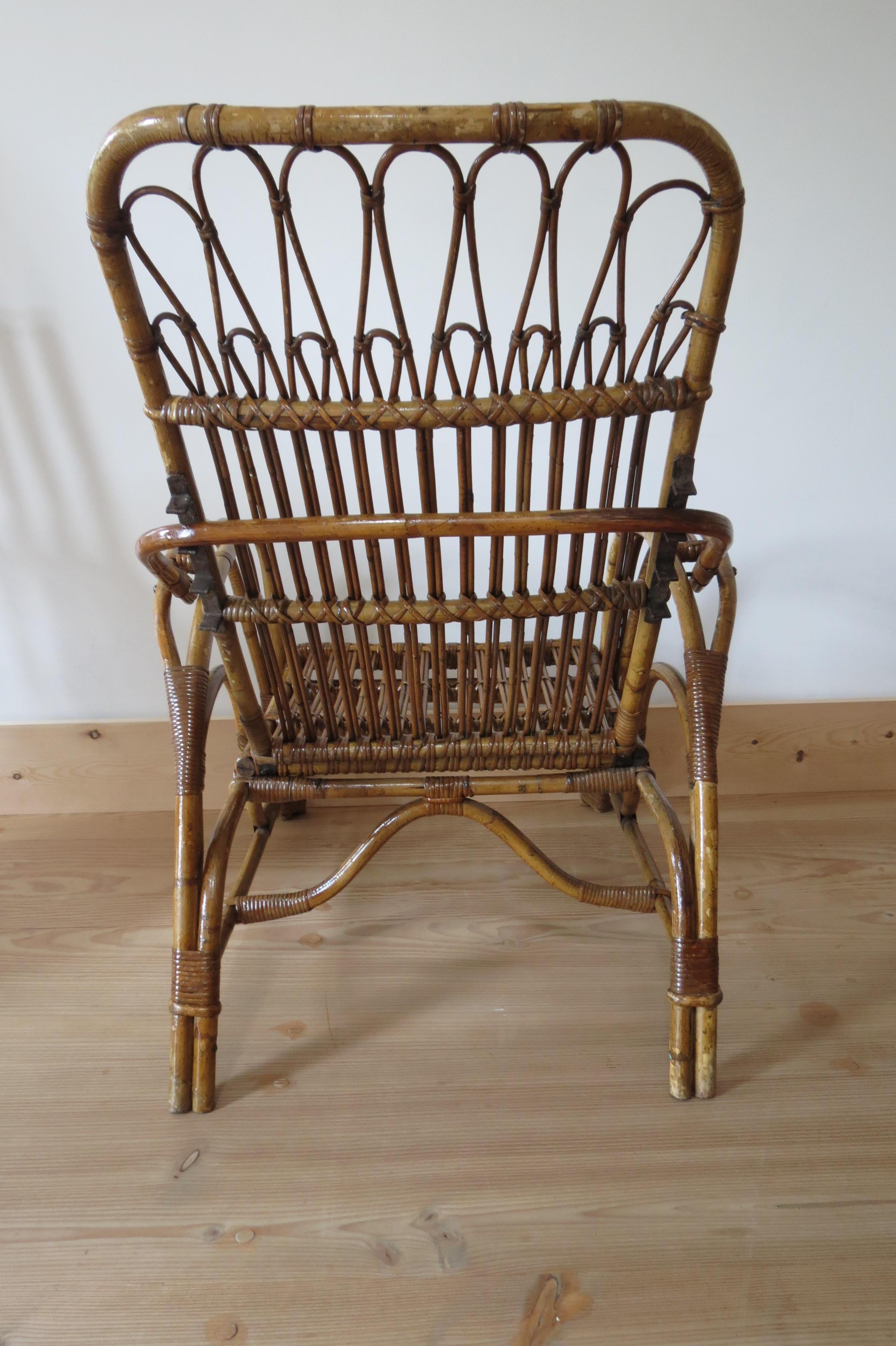 English 1920s Cane and Bamboo Reclining Chair and Footstool 