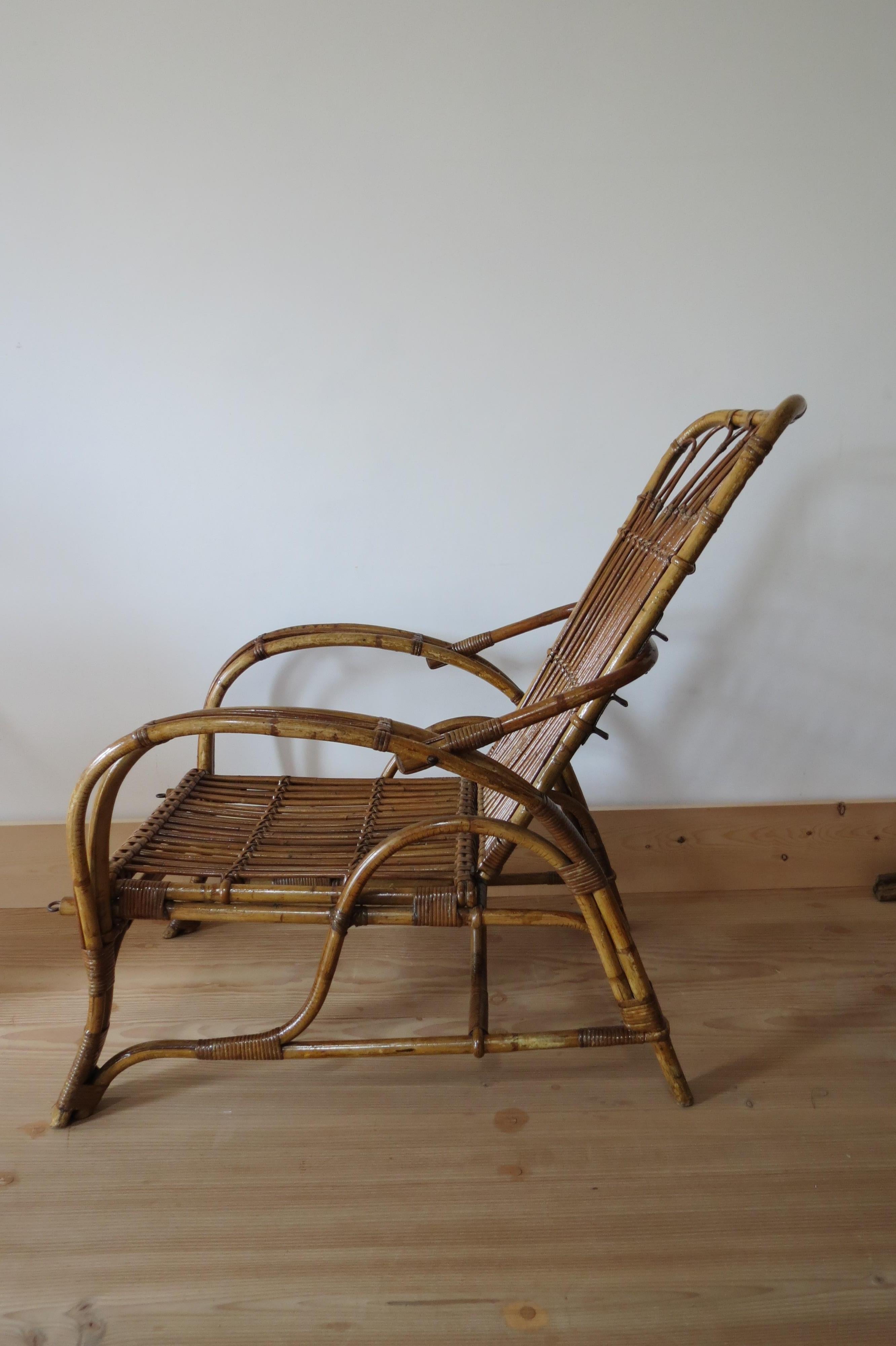 20th Century 1920s Cane and Bamboo Reclining Chair and Footstool 