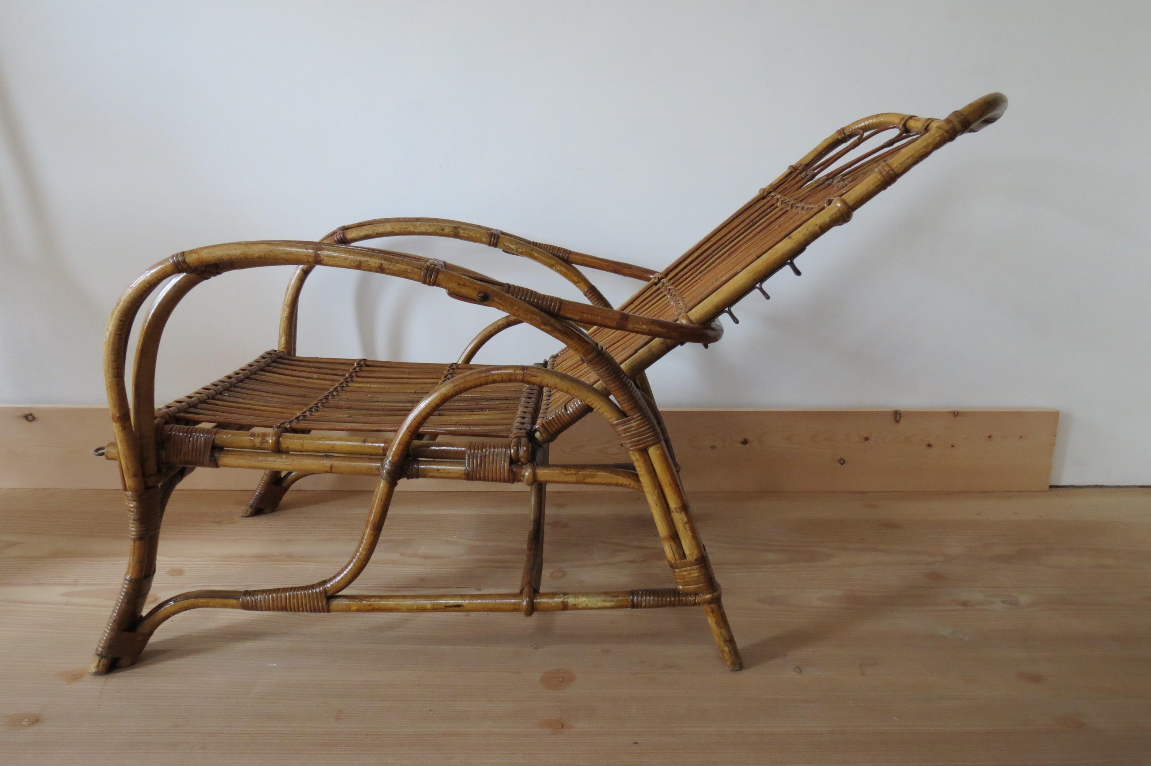 1920s Cane and Bamboo Reclining Chair and Footstool  1