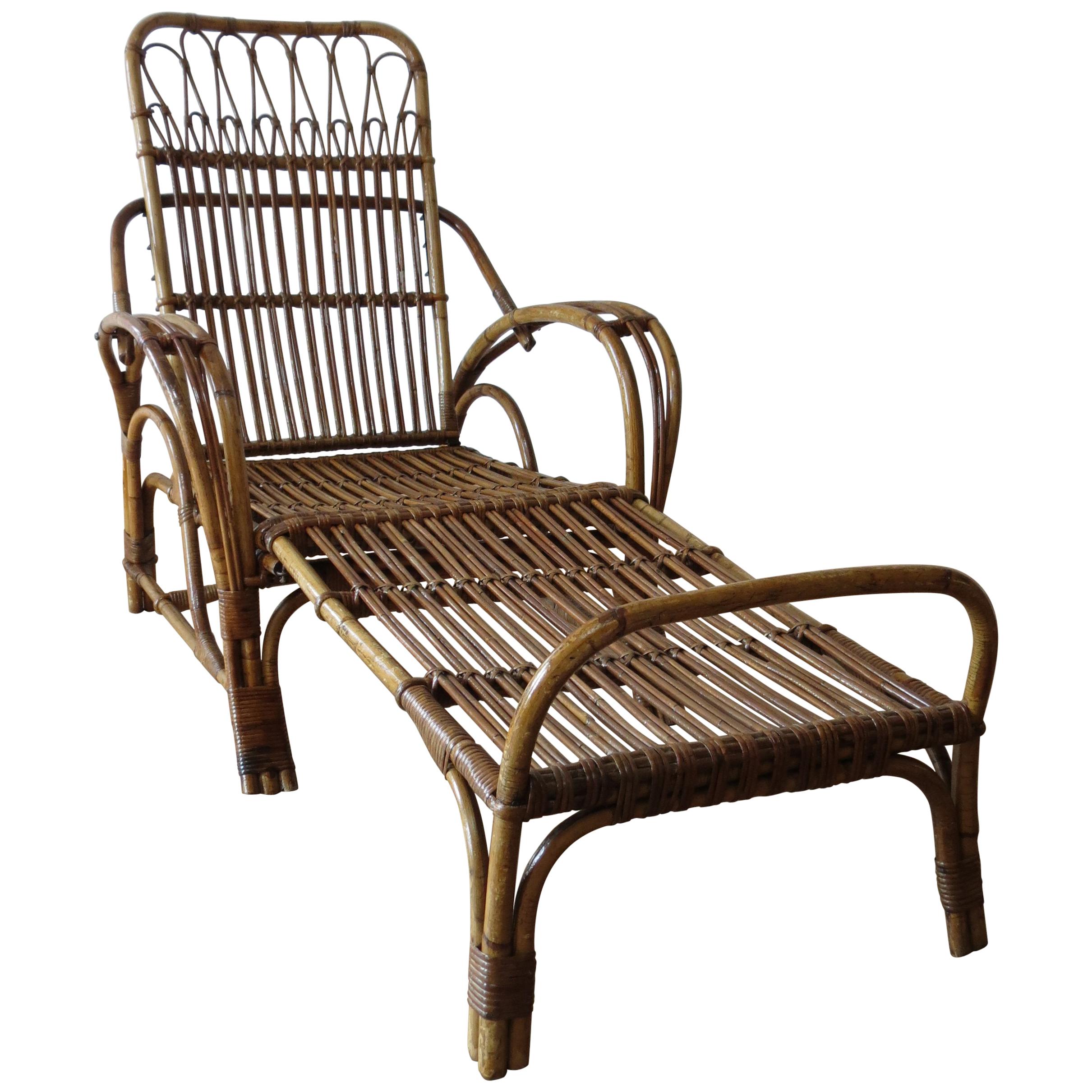 1920s Cane and Bamboo Reclining Chair and Footstool 