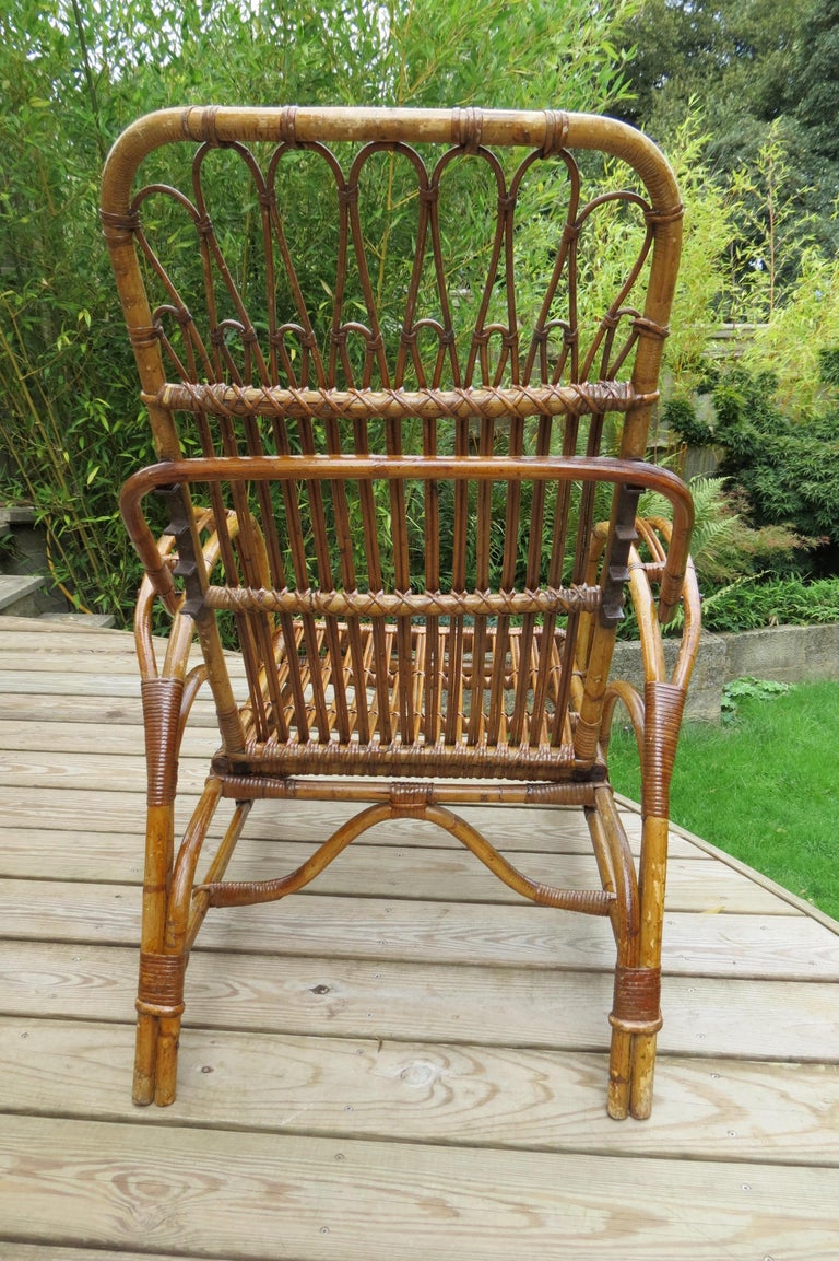 1920s Cane and Rattan Reclining Lounger Chair and Footstool at