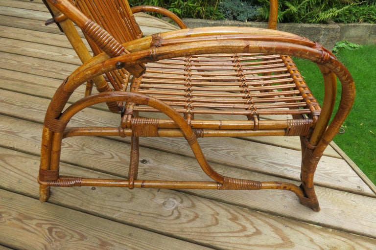 1920s Cane and Rattan Reclining Lounger Chair and Footstool at