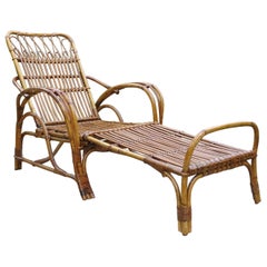 Antique 1920s Cane and Rattan Reclining Lounger Chair and Footstool